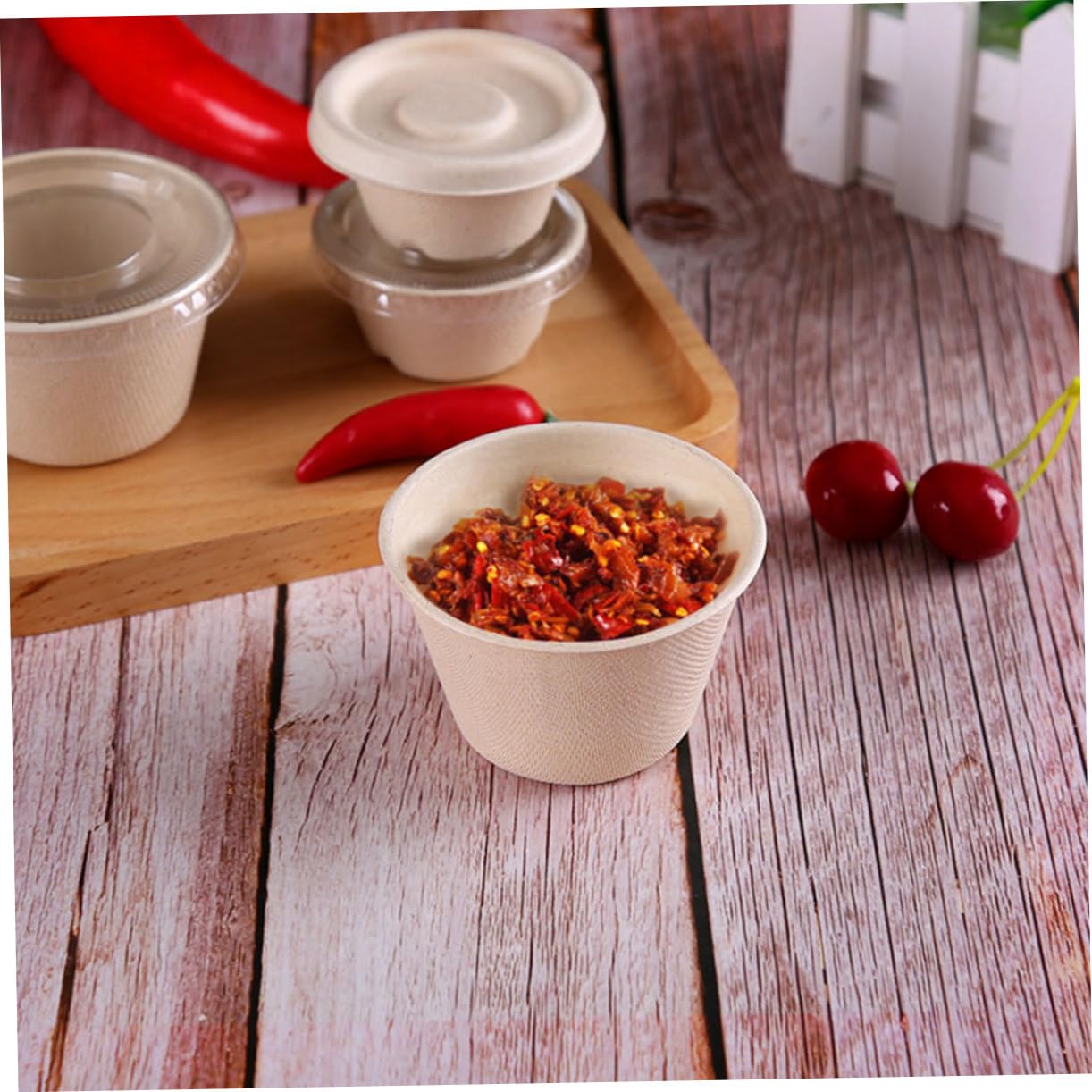 Cabilock Tazas De Salsa Biodegradables Con Tapa Para Condimentos Cajas De Apetitosas Y Salsas De Onzas Envase De Pulpa Para Uso Restaurantes Picnics Y Campings 50 Piezas X 5