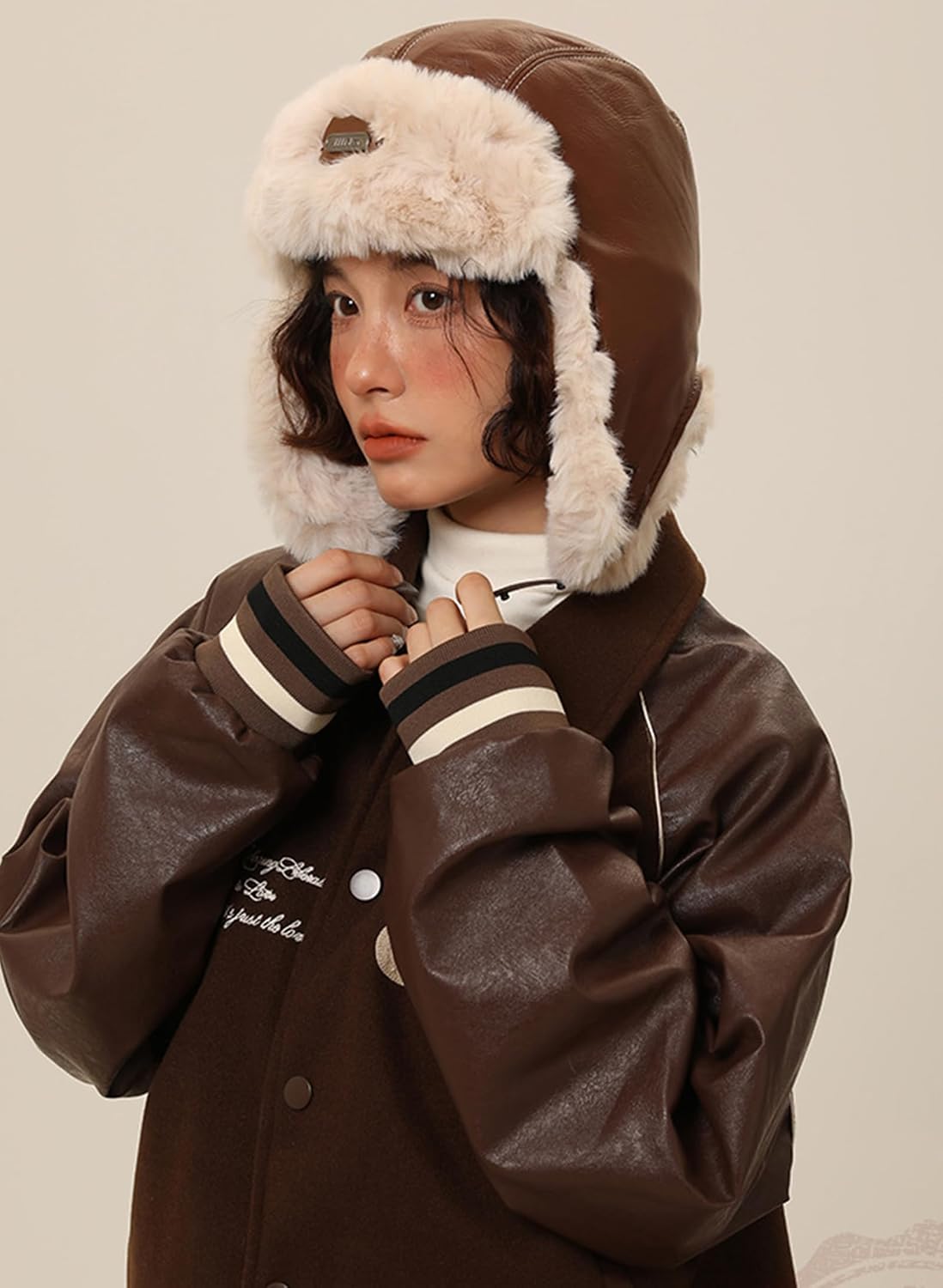 Winter Trapper Hats for Women Faux Fur and Leather Warm Pilot Cap Earflap Hunting Hat Outdoor Ski Snow Hat