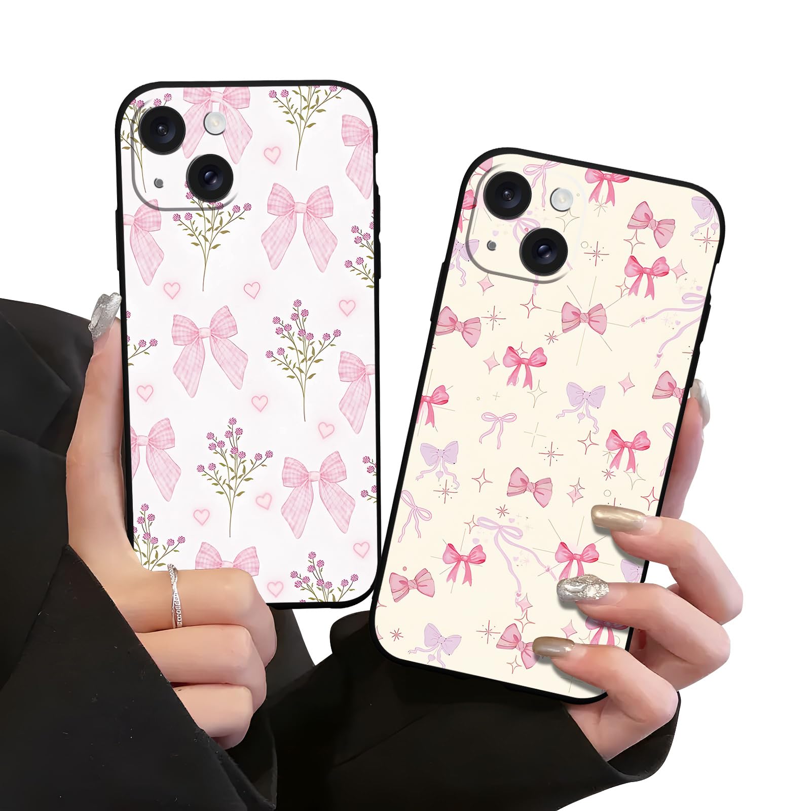 Zrutru 2 Pack Pink Bow Aesthetic Pattern Phone Case for iPhone 15 Pretty Floral Case Funda for Girls Women,Soft TPU Bows Case Design Cover for iPhone