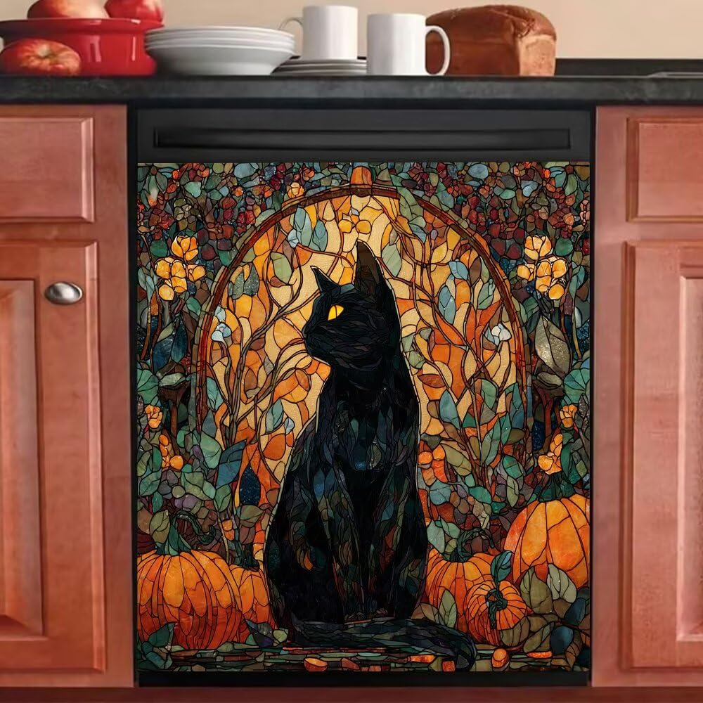 Black Cat Dishwasher Magnet Cover,Anti Scratch Decorative Sticker for Dishwasher, Refrigerator,Washing Machine,Pumpkin Magnetic Panel Decal for