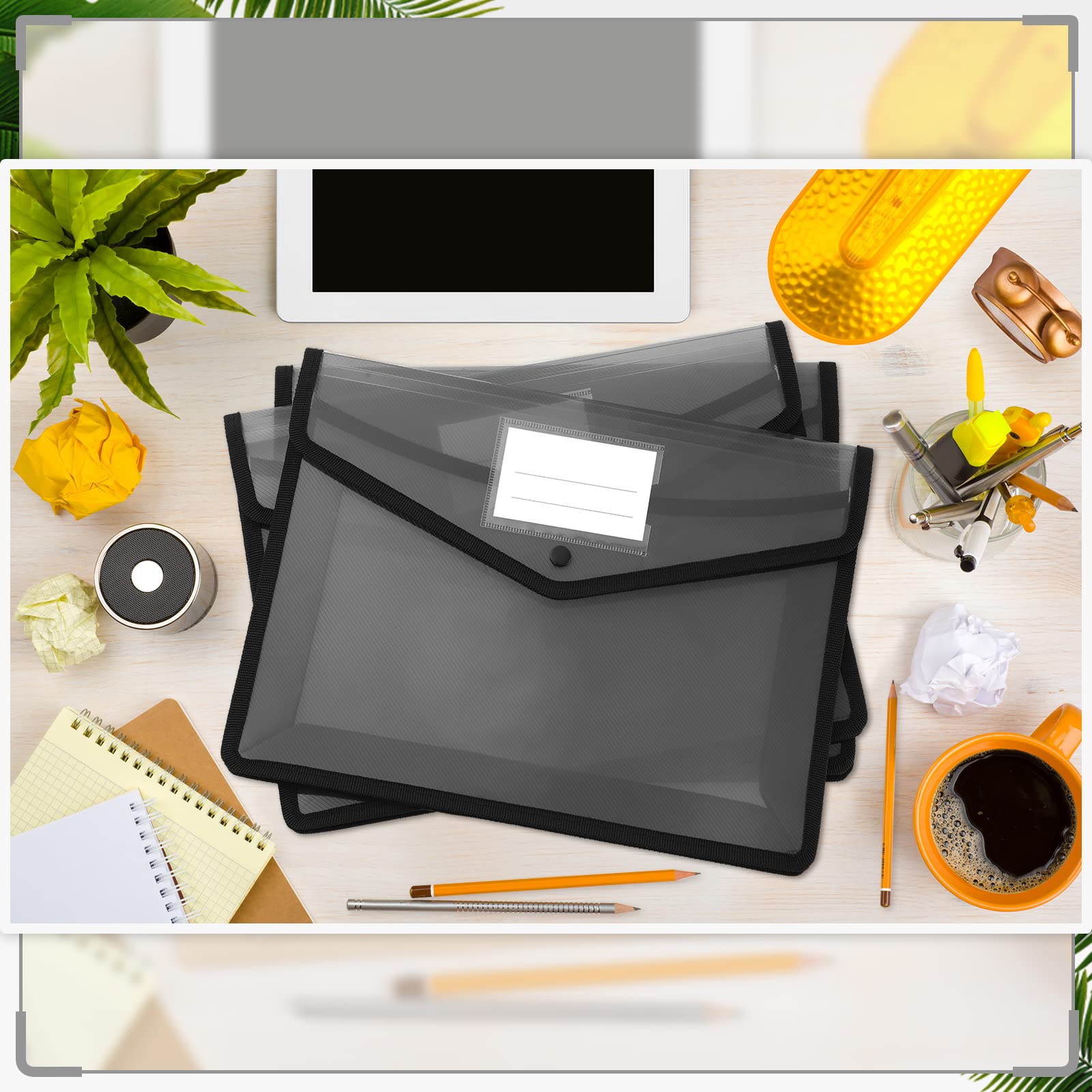 Teling 15 Stück Kunststoff-Aktenordner Umschlag Fächermappe Dokumentenmappe A4 Bunte Dokumenten-Organizer mit Knopfverschluss und Tasche, wasserdichte Aktentasche für Heimarbeit (schwarz)