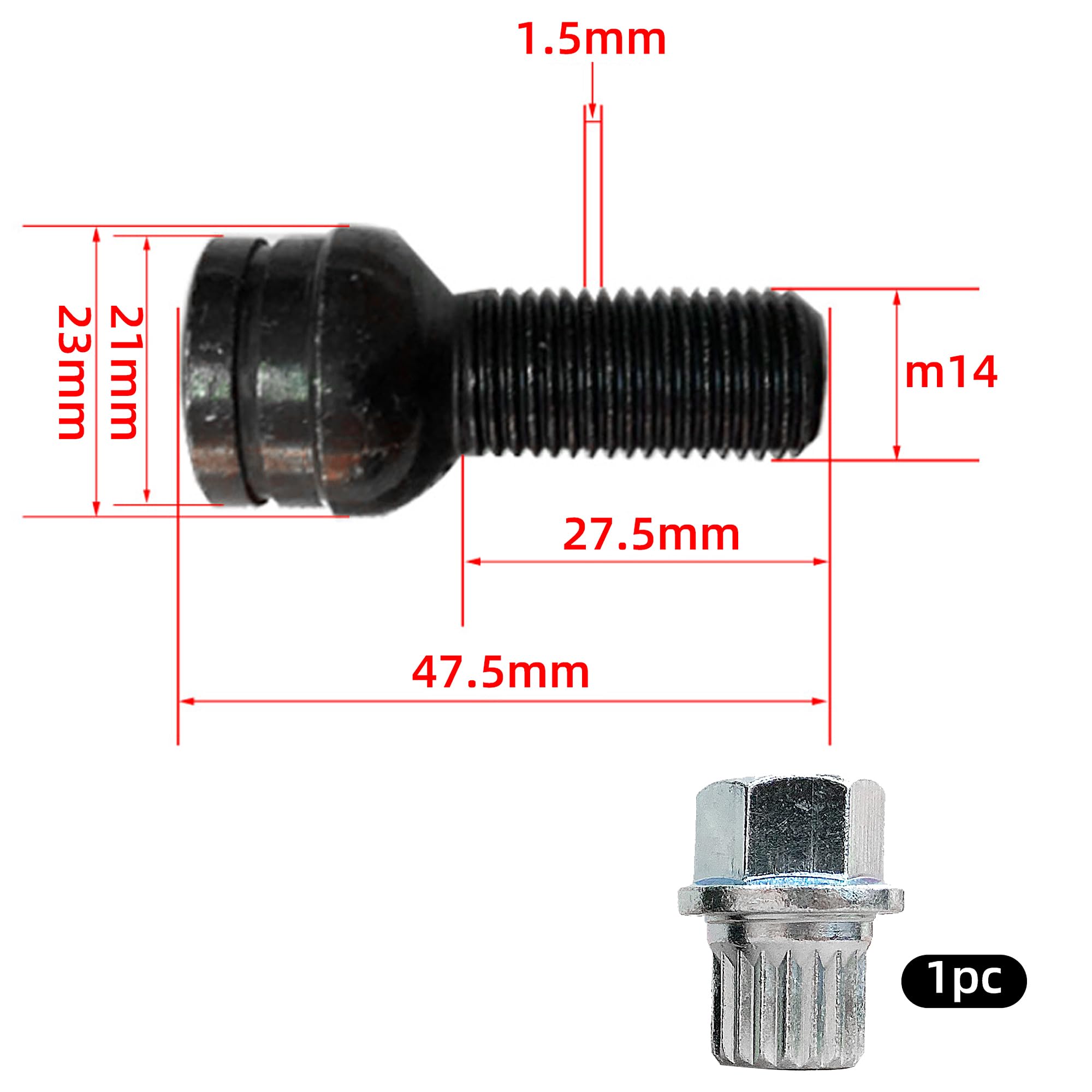 4 bulloni per ruota antifurto in acciaio con dadi per ruote, modello M14 x 1,5 mm, per la protezione e la sicurezza delle ruote