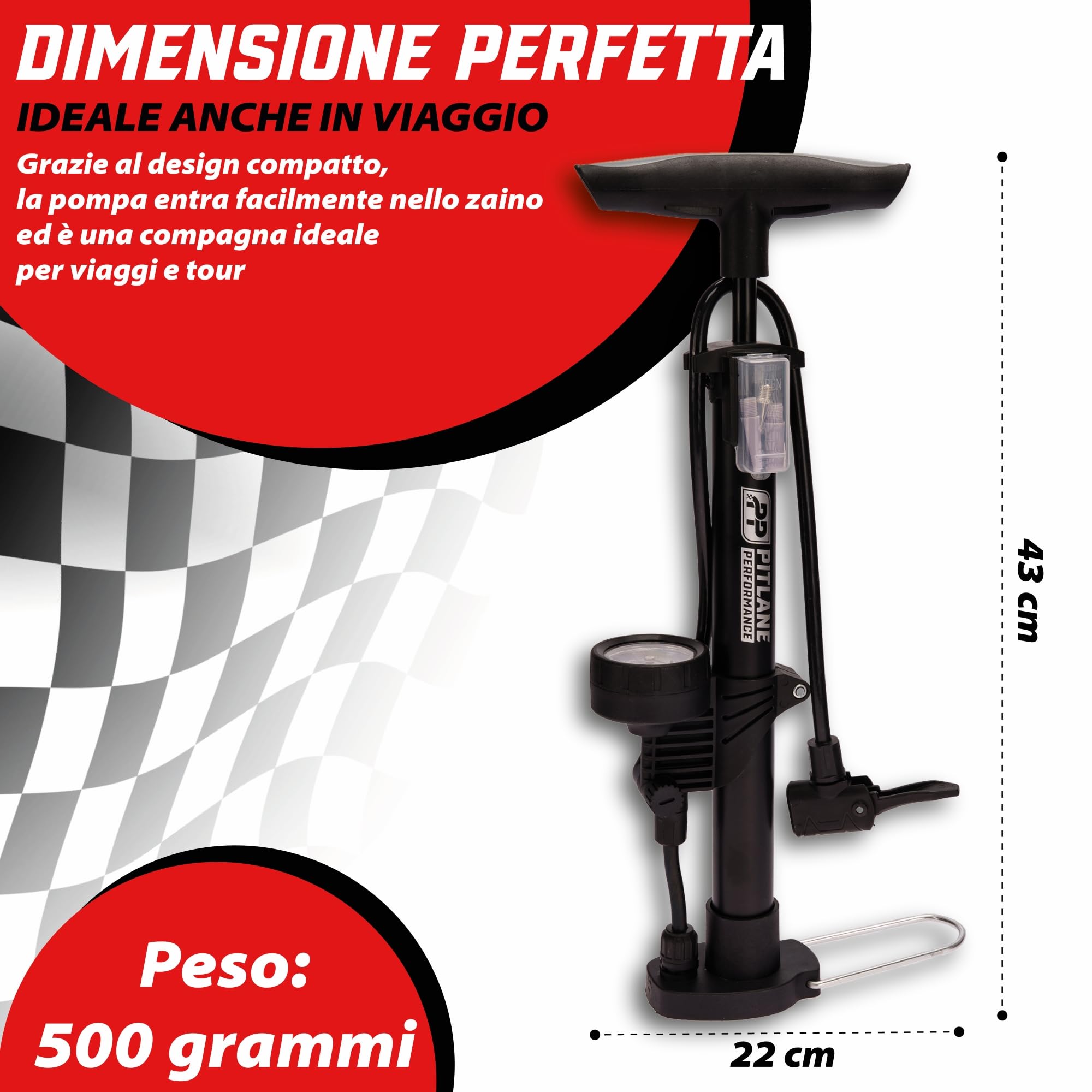 Pompa a pedale con manometro 42 cm 11 bar per valvole Schrader Presta Dunlop