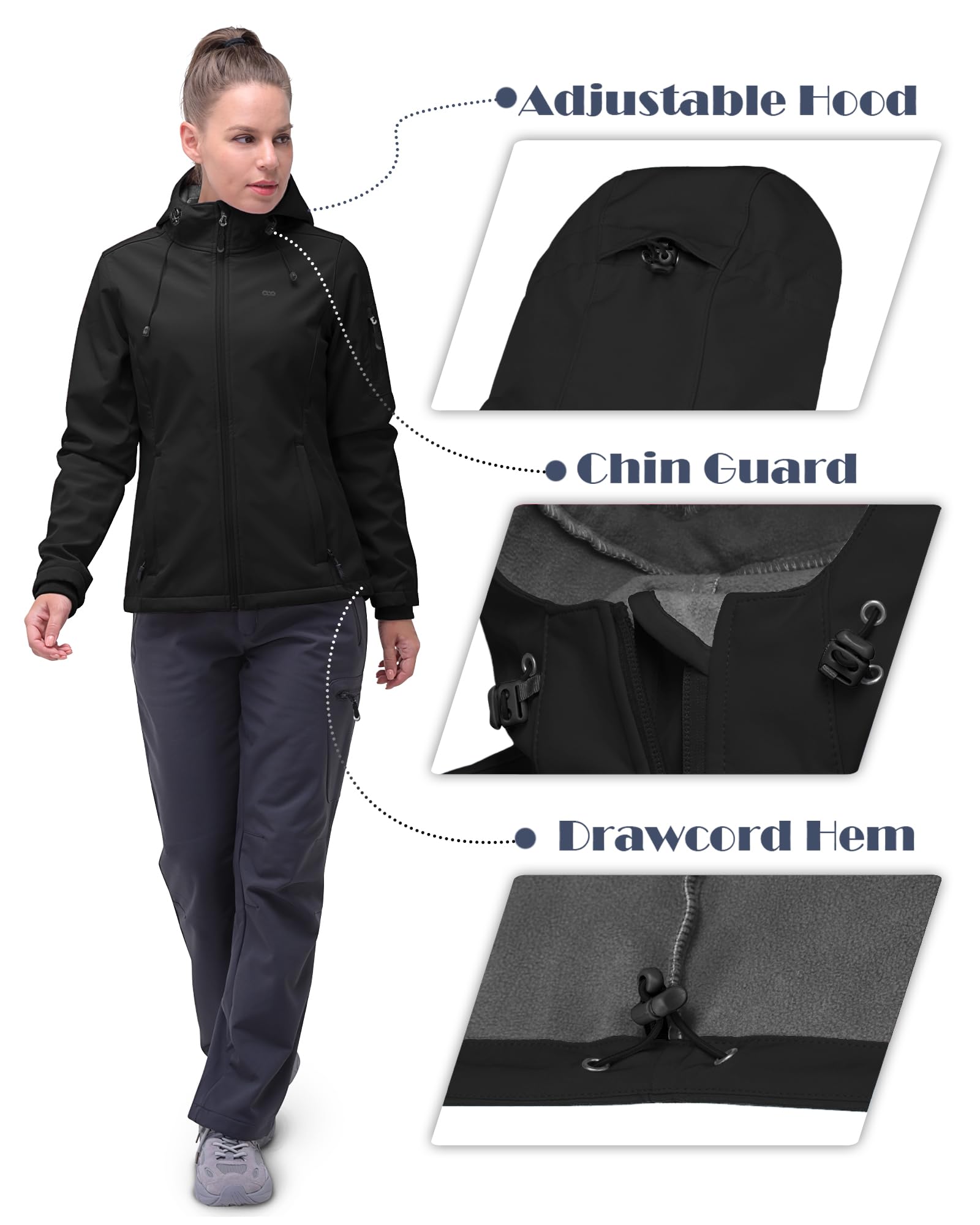 33,000ft Giacca softshell da donna, impermeabile, traspirante, calda, in pile, antivento, con cappuccio
