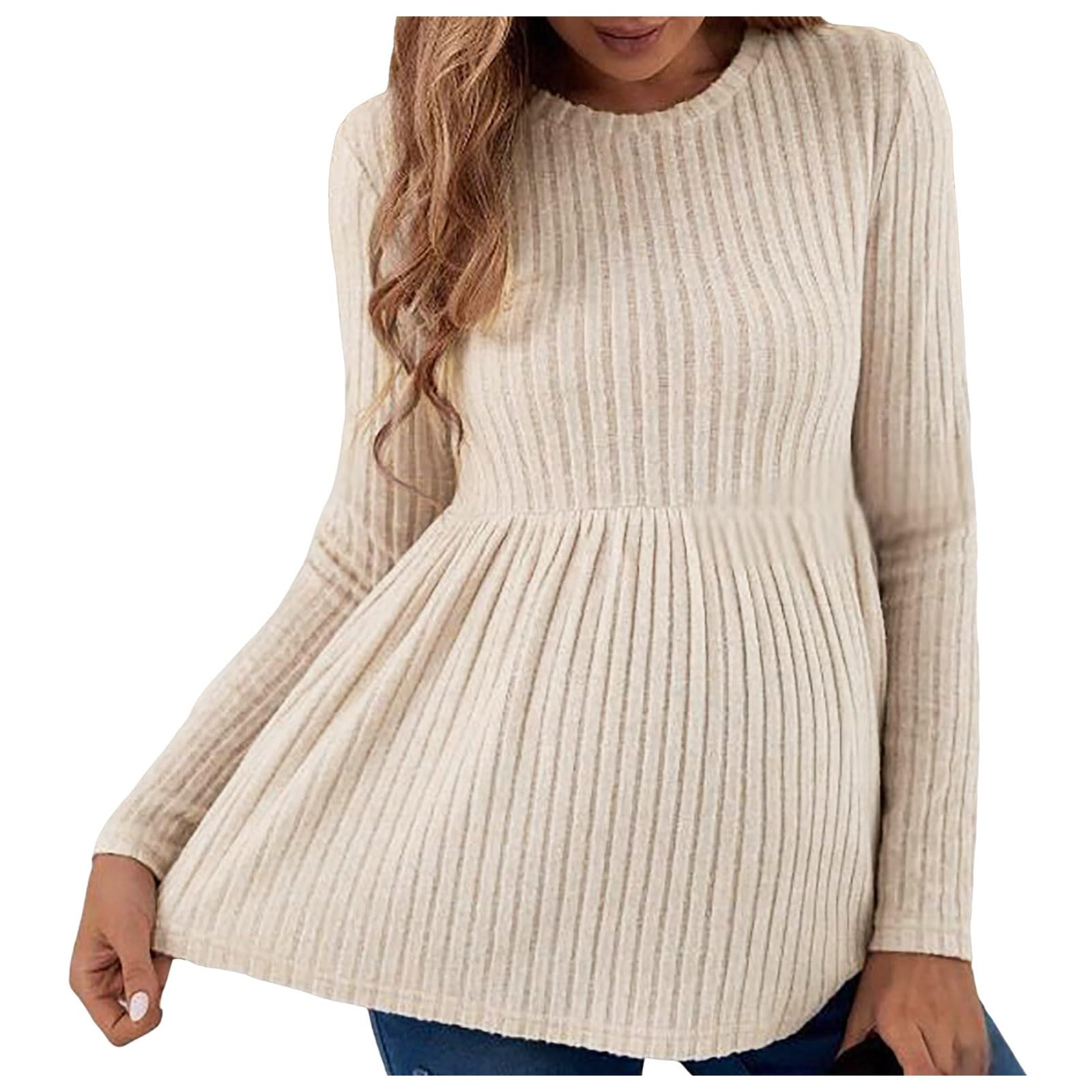 Suéteres de maternidad para mujer, blusas de manga larga para embarazo, cuello redondo, camisas acanaladas, suéteres de punto cómodos para mujeres embarazadas