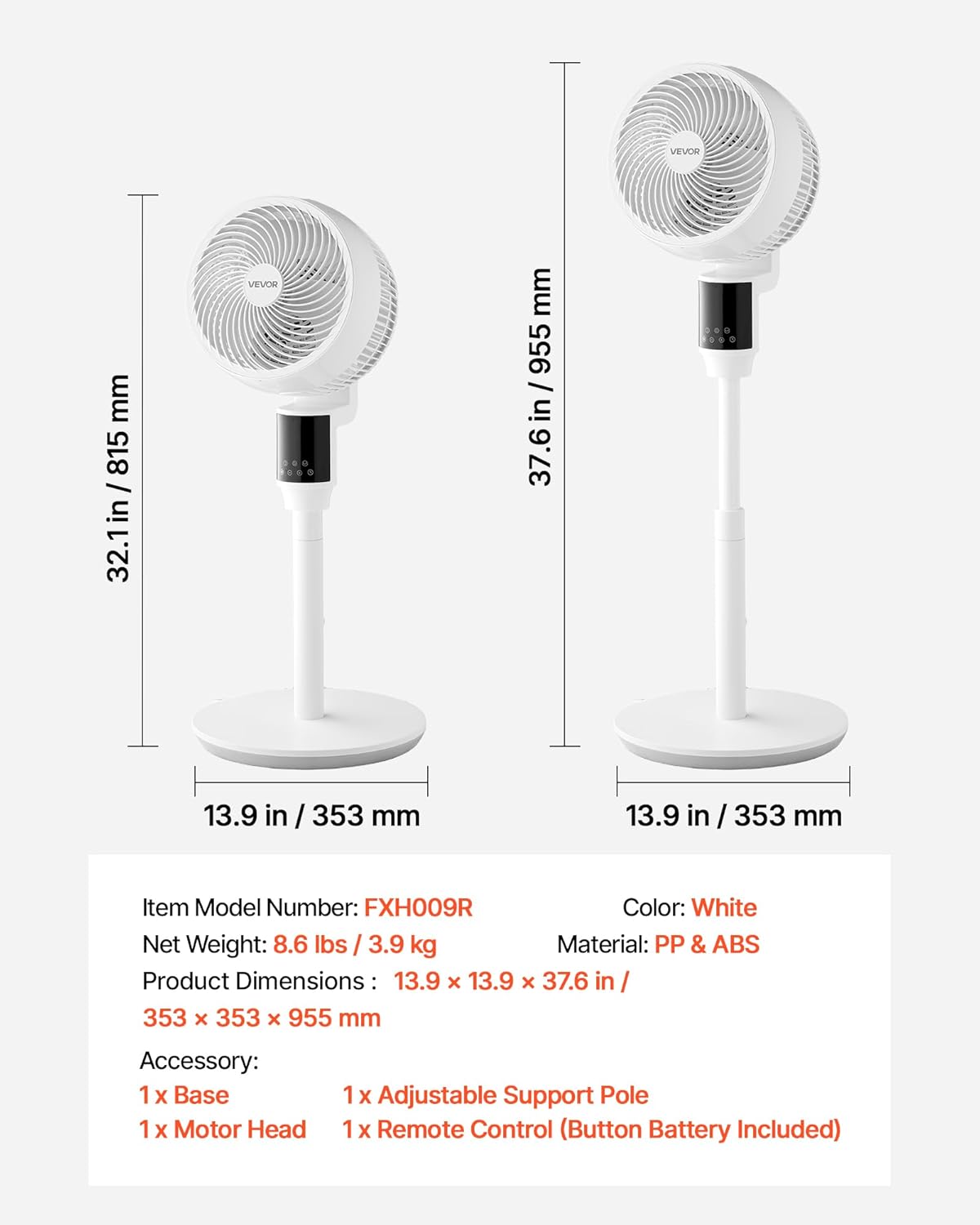 VEVOR 9-Inch Pedestal Fan, 80° Oscillating Standing Floor Fan with Quite DC Motor, Remote Control, 9 Speeds & 4 Smart Modes, 24H Timer, Adjustable Height, for Home, Bedroom, Living Room, White