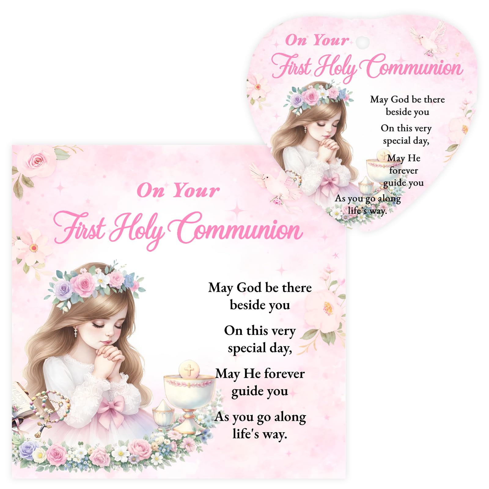 First Holy Communion Gifts for Girls, Cards & Heart-Shaped Ceramic Holy Communion Decorations, Meaningful First Communion Gifts for Girls, Suitable for Daughters, Sisters, Nieces or More