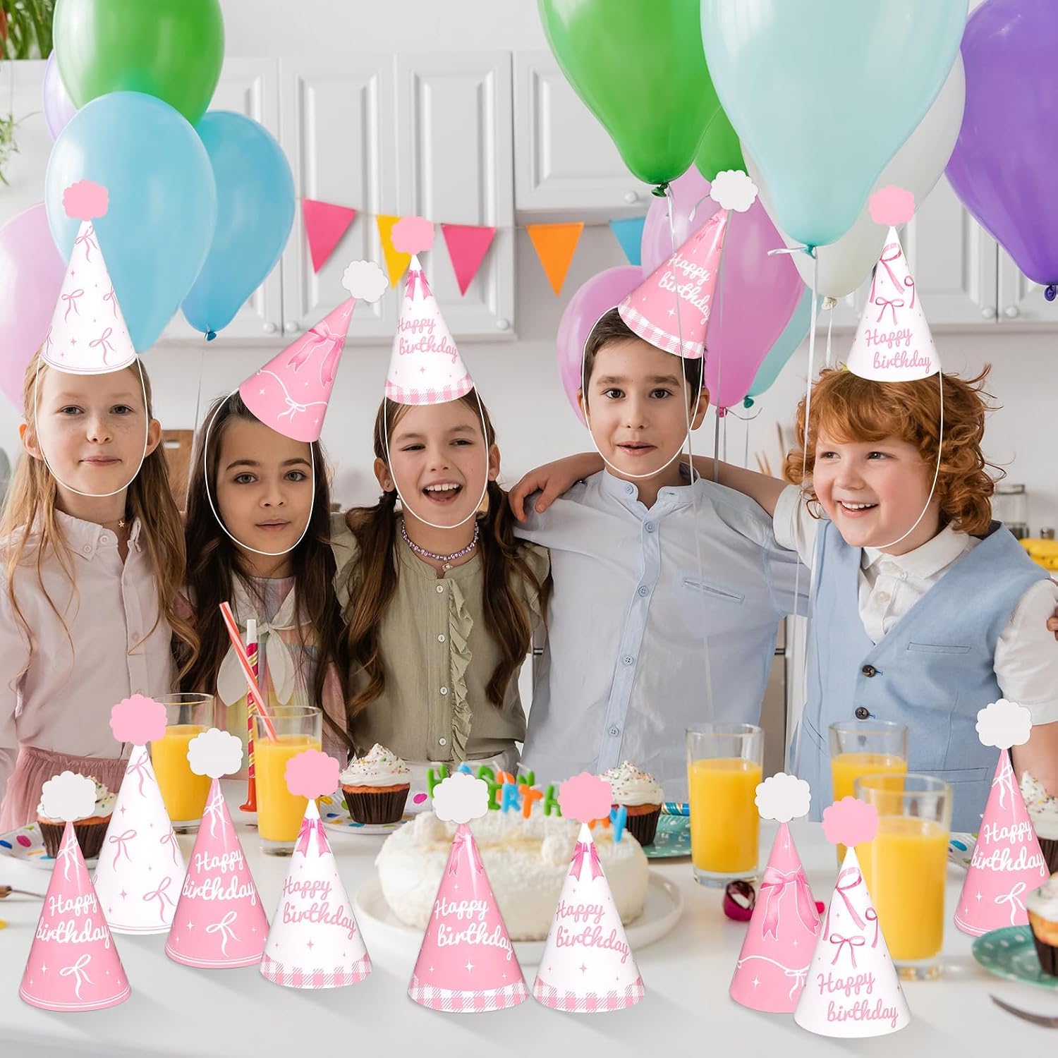 24pcs Pink Bow Party Hats Bows Birthday Supplies Coquette Bow Cone Hat Pink and White Happy Birthday Paper Hats with Elastic String for Kids Girls Adults Bday Baby Shower Decoration Favors 5.5 × 3.3