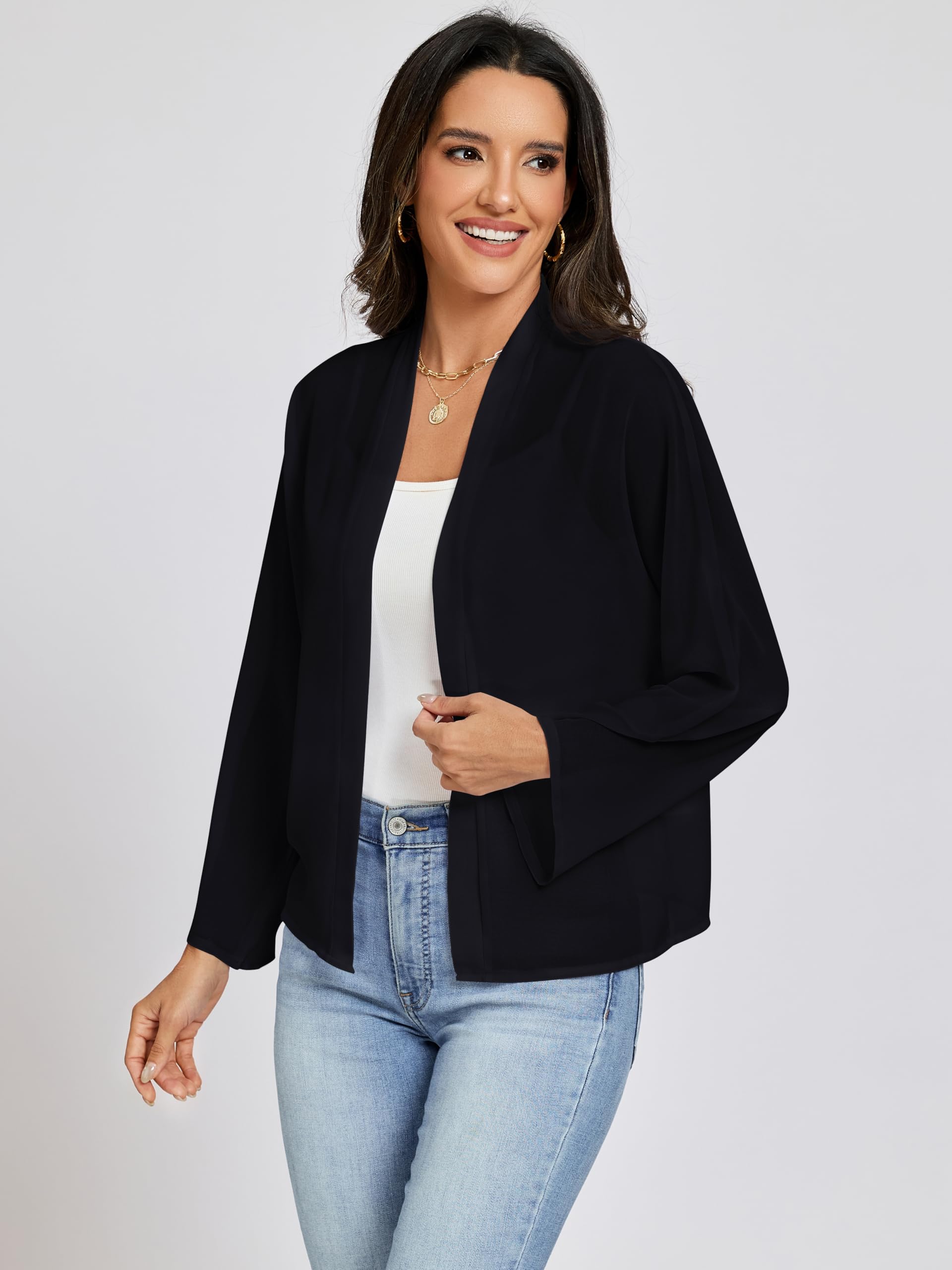 Coprispalle Donna Elegante Cerimonia Cardigan Bolero Top Chiffon Manica Lunga Shrug Aperto sul Davanti Giacca Corta