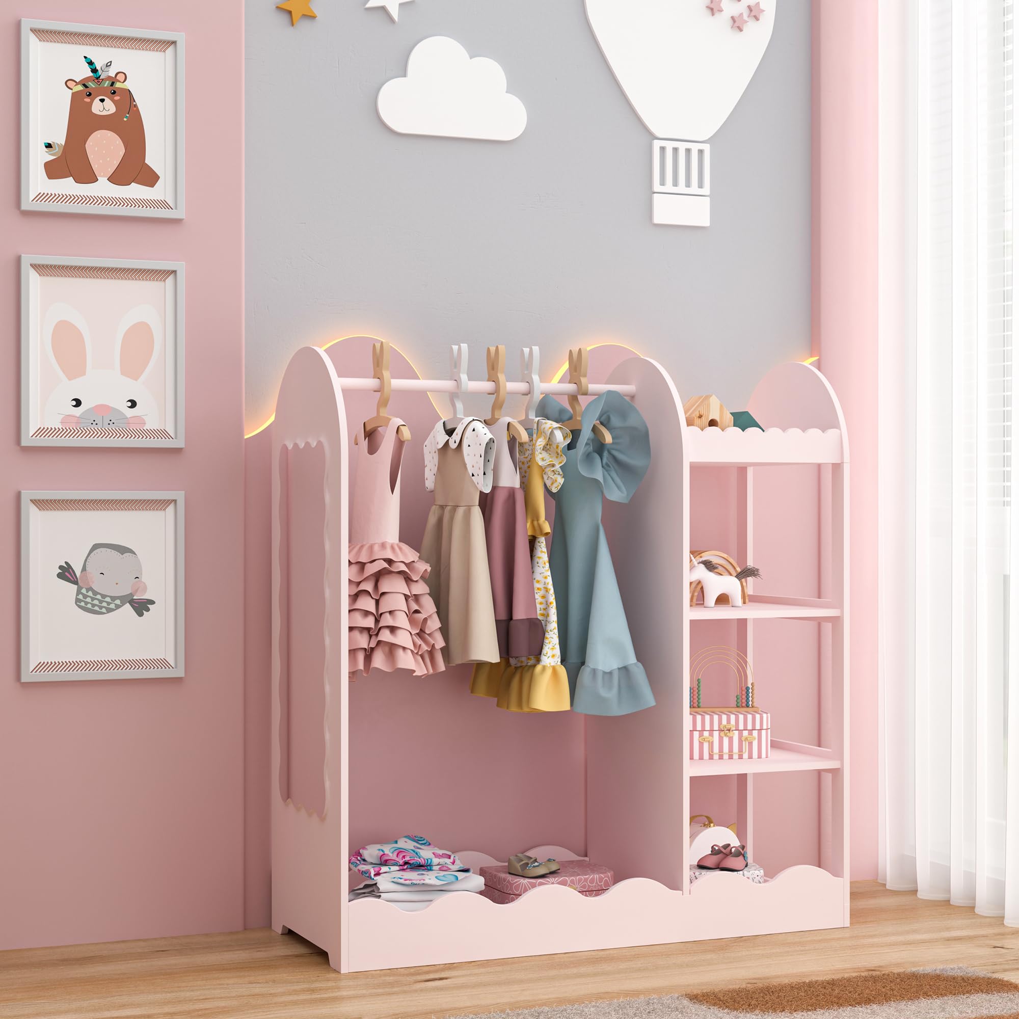 [en.casa] Perchero Burro Infantil Vestnes con Espejo Ondulado Barra para Colgar Zapatero Portaropa Armario Abierto para Ropa Guardaropa Dormitorio MDF 100 x 94 x 38 cm - Algodón de azúcar