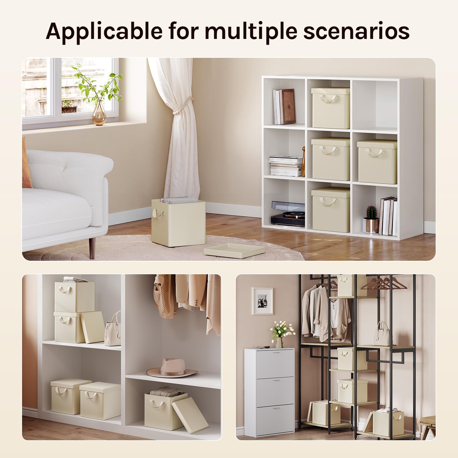WOLTU Scatole Contenitori Pieghevoli Set di 10, Cubi in Tessuto con Manico, Coperchio e Struttura in Metallo, Organizer per Armadio e Scaffale, Crema, 27x27x27cm