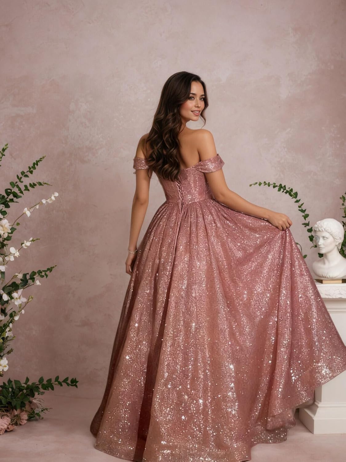 Off Shoulder Quinceanera Dress 2026 Long Sparkly Sequin Tulle Prom Dress A Line Corset Formal Ball Gown L001