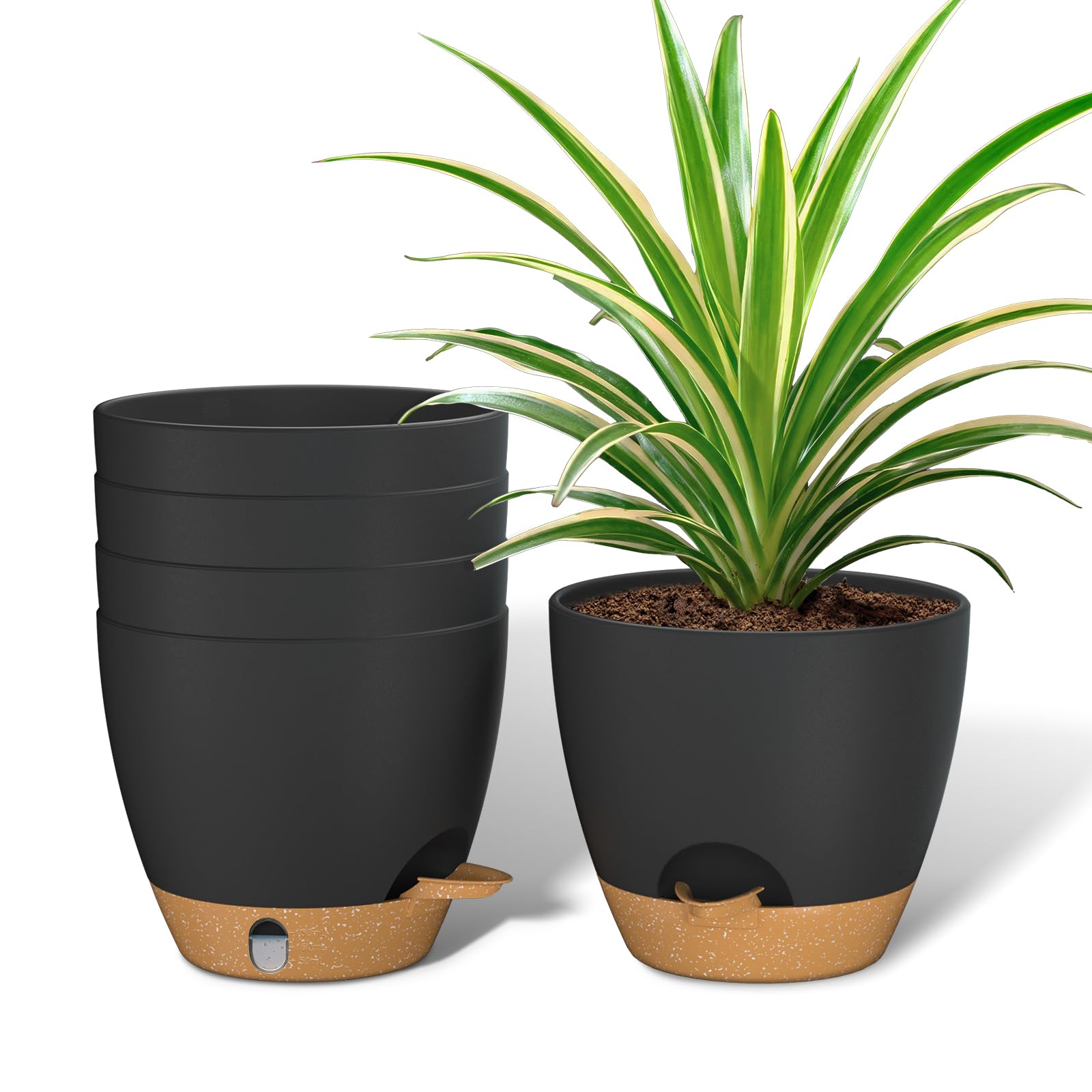 ZMTECH 15 cm Plant Pots with Drainage Holes Saucer Self Watering Planters with Watering Inlet Plastic Flower Pot for Indoor Outdoor Plants (Set of 5, Black) โ image 1