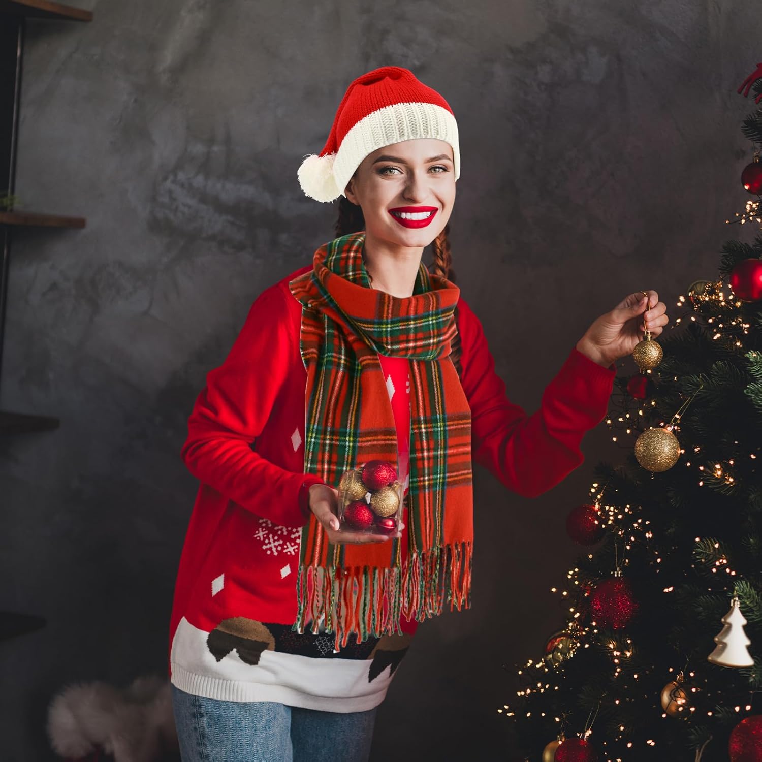 Coume Christmas Santa Hat and Scarf Set, Long Warm Winter Plaid Scarves, Knit Christmas Beanie Hat with Pompom for Women Men - Image 7