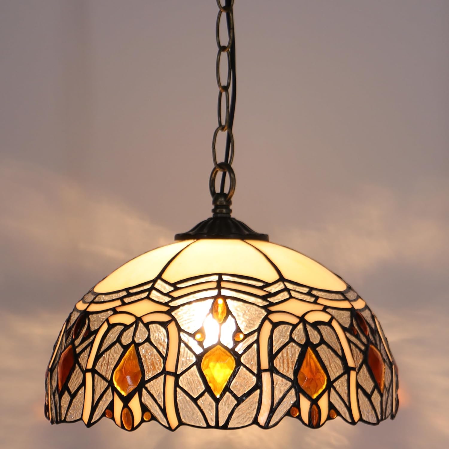 Tiffany Pendant Light Plug in 12 inch Stained Glass Hanging Lamp 39 Inch Chain 15 Feet Cord (Crystal Style)