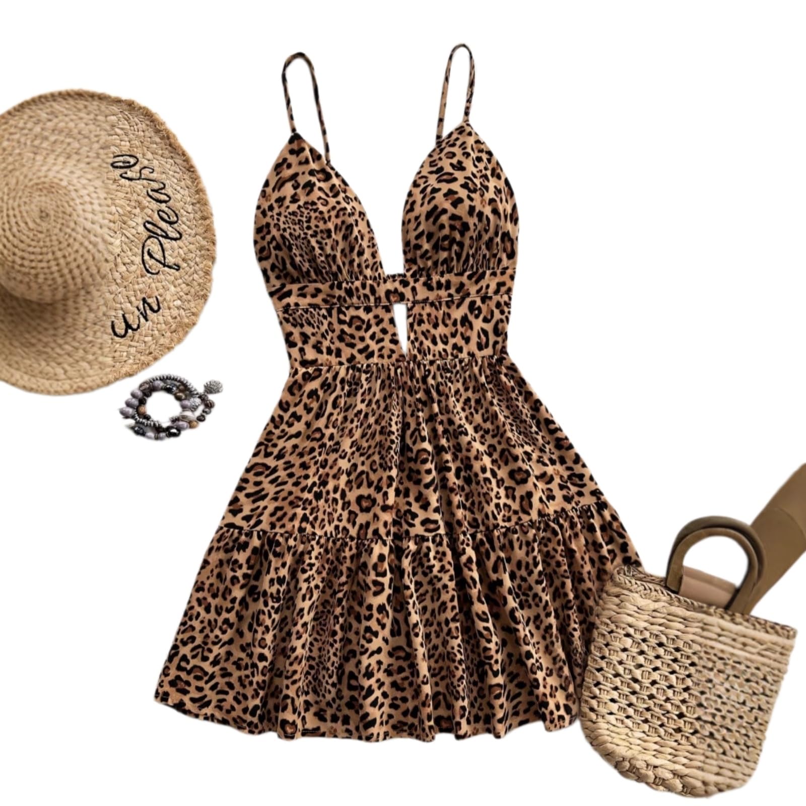 Vestito Donna Leopardo Stampa Camisole Mini Abito Senza Maniche Schienale Sexy Vacanza Estiva da Festa-Pink-m