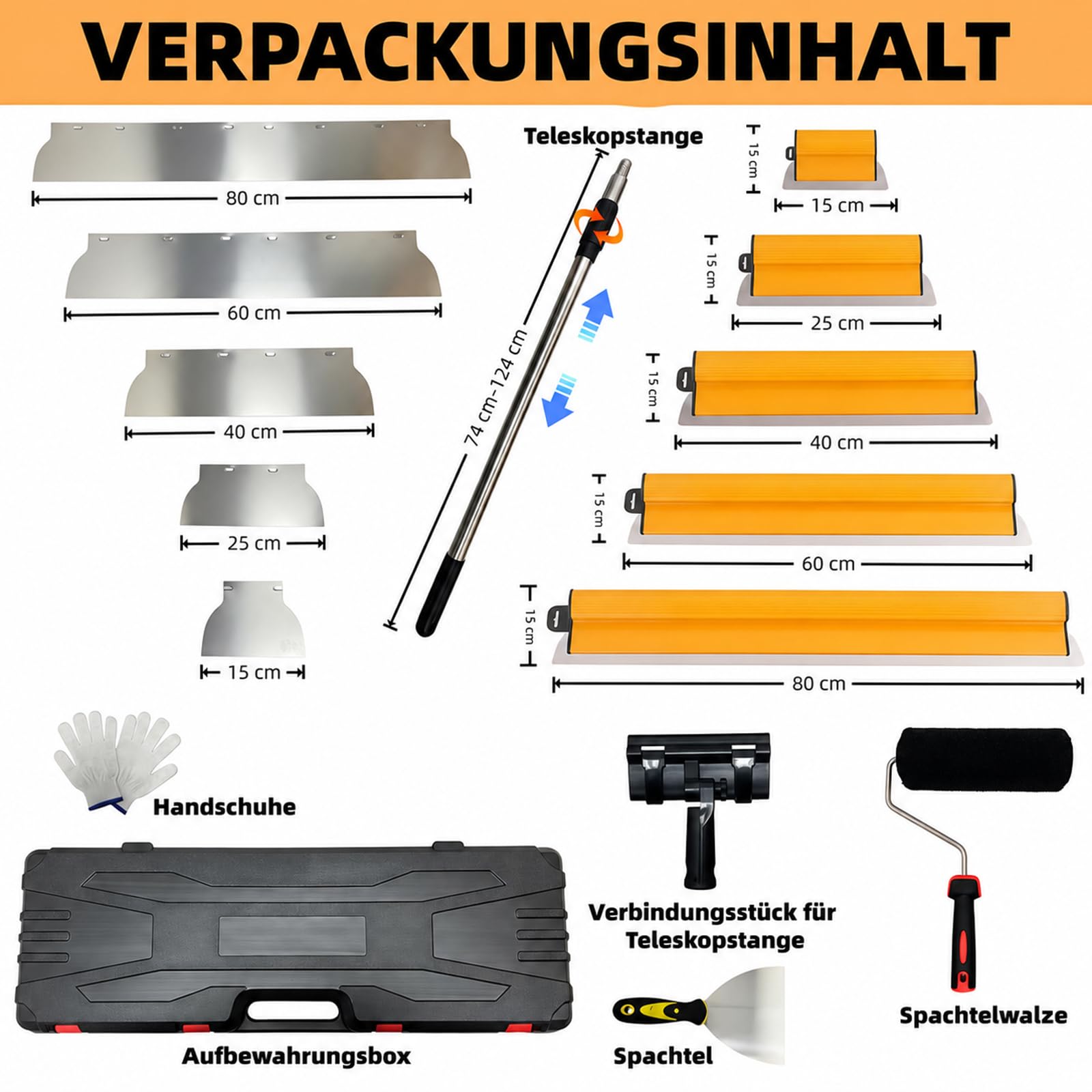 15 Stück Flächenspachtel Set, Flächenspachtel 15 cm/25 cm/40 cm/60 cm/80 cm | Edelstahl Spachtel Werkzeug, mit Teleskopstange & 5 Ersatz-Flächenspachtel, für Wandbearbeitung und Großflächiges Arbeiten