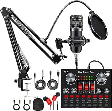 All-in-One Podcast Equipment Bundle, BM800 Audio Mixer Hanging Condenser Microphone Kit, V8K Live Sound Card Voice Changer Microphone Kit for Vlog/Live Streaming/Singing/YouTube-1PCS