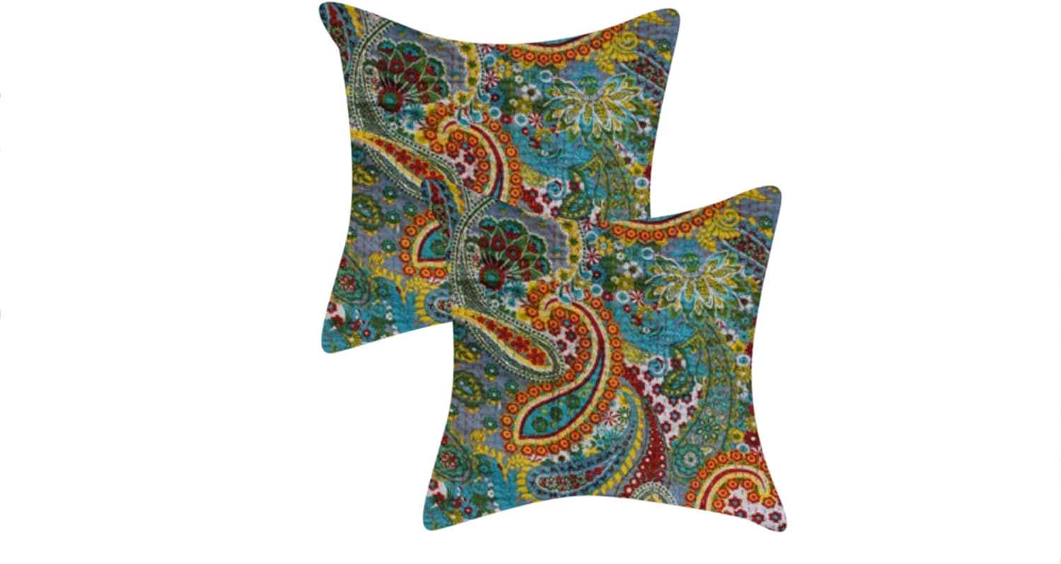 The Harry Creations Ethnic Home Case Sofa Throw Decorative Boho Decorative Indian Design Pillow Cotton Square Paisley Colorful Bohemian Kantha Cushion Cover (White, 01 Pcs (16"x 16"))