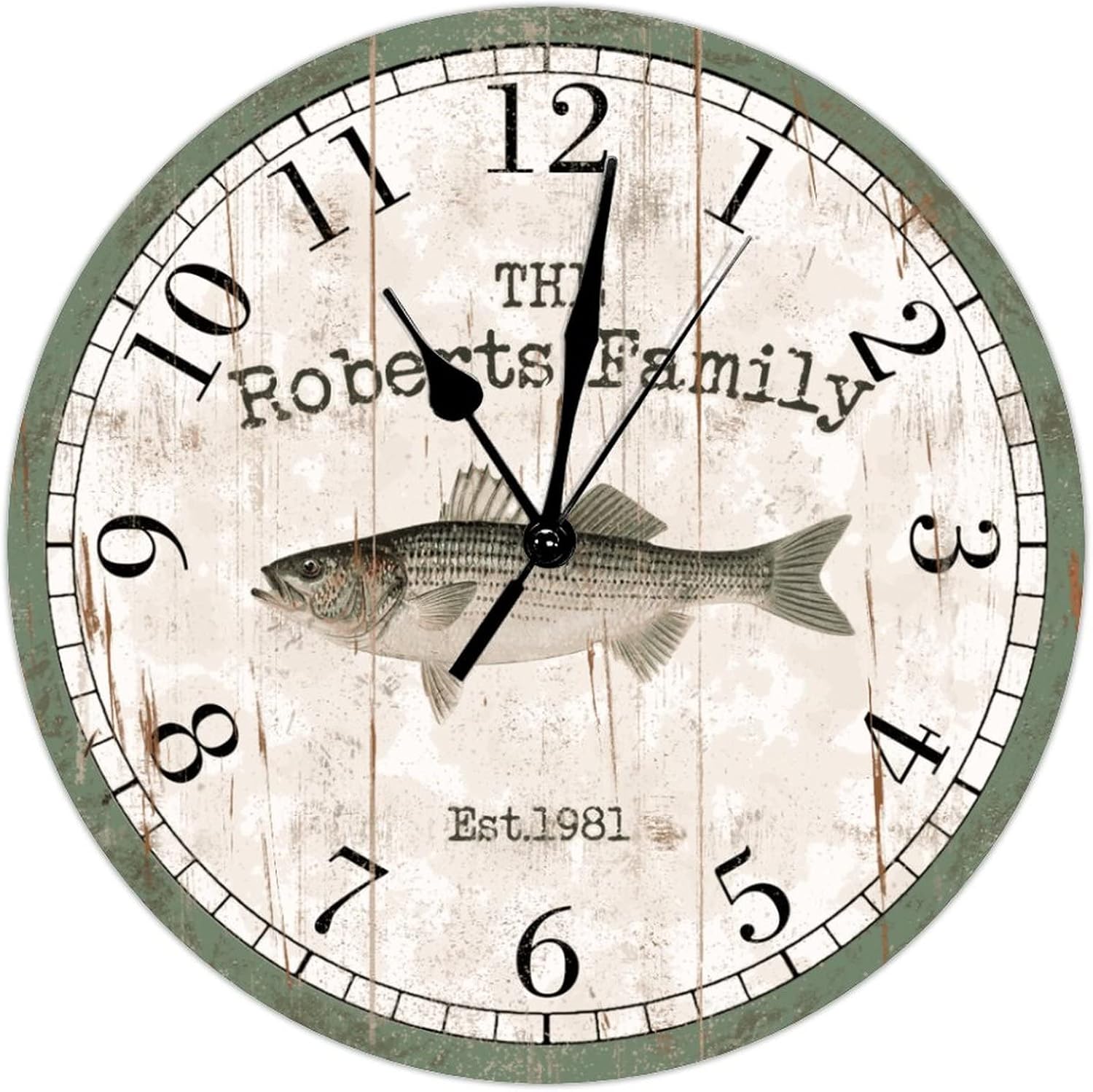 Personalized Family Custom Est Hanging Wall Clock Striped Bass Beach Decor Wood Wall Clocks Battery Operated Quartz 12Inch Clock Farmhouse Beach Home Decoration for Dinning Living Room