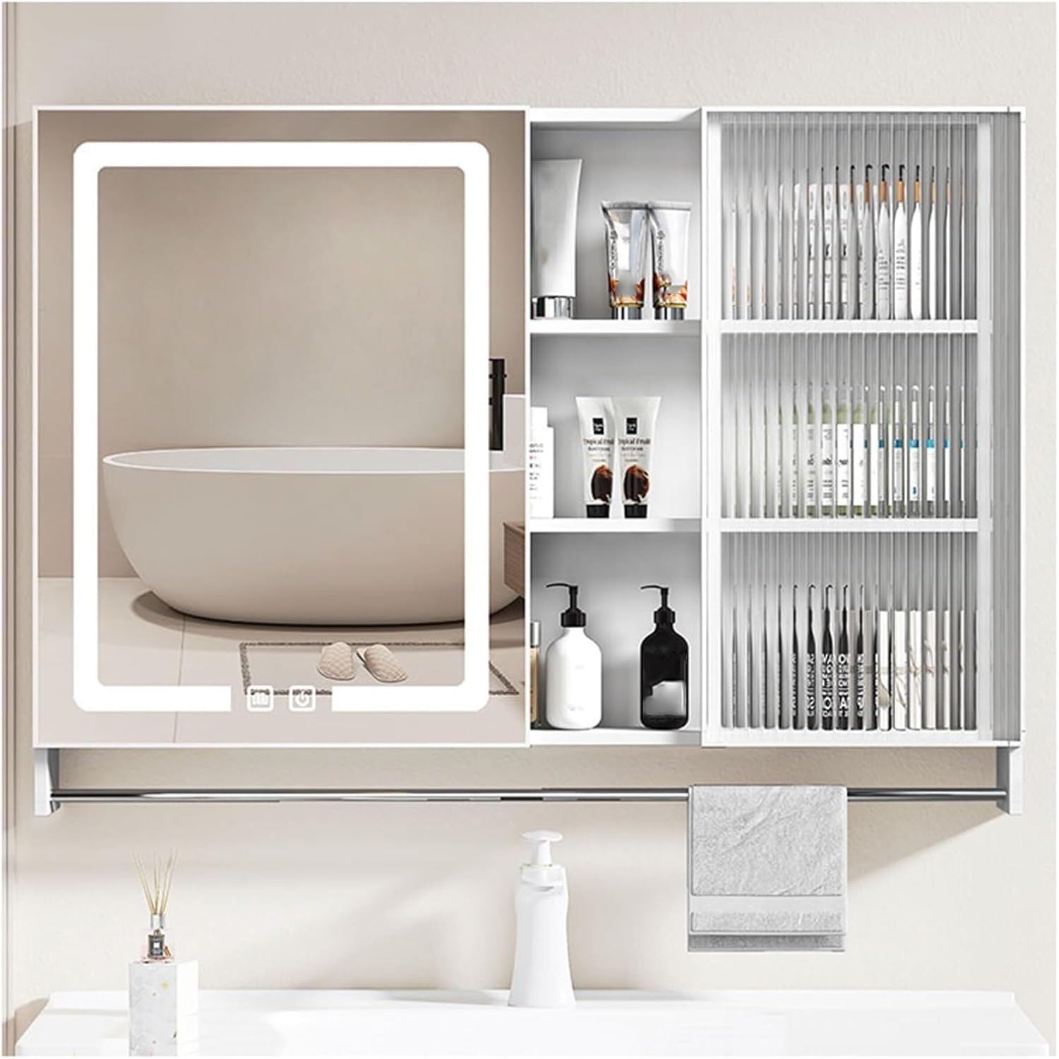 LED Bathroom Mirror Cabinet with Storage, Wall-Mounted Vanity Smart Touch, Anti-Fog, and Multi-Layer Shelves for Bathroom, 35.4x25.6 inches(W90*H65cm/W35.4*H25.6in)