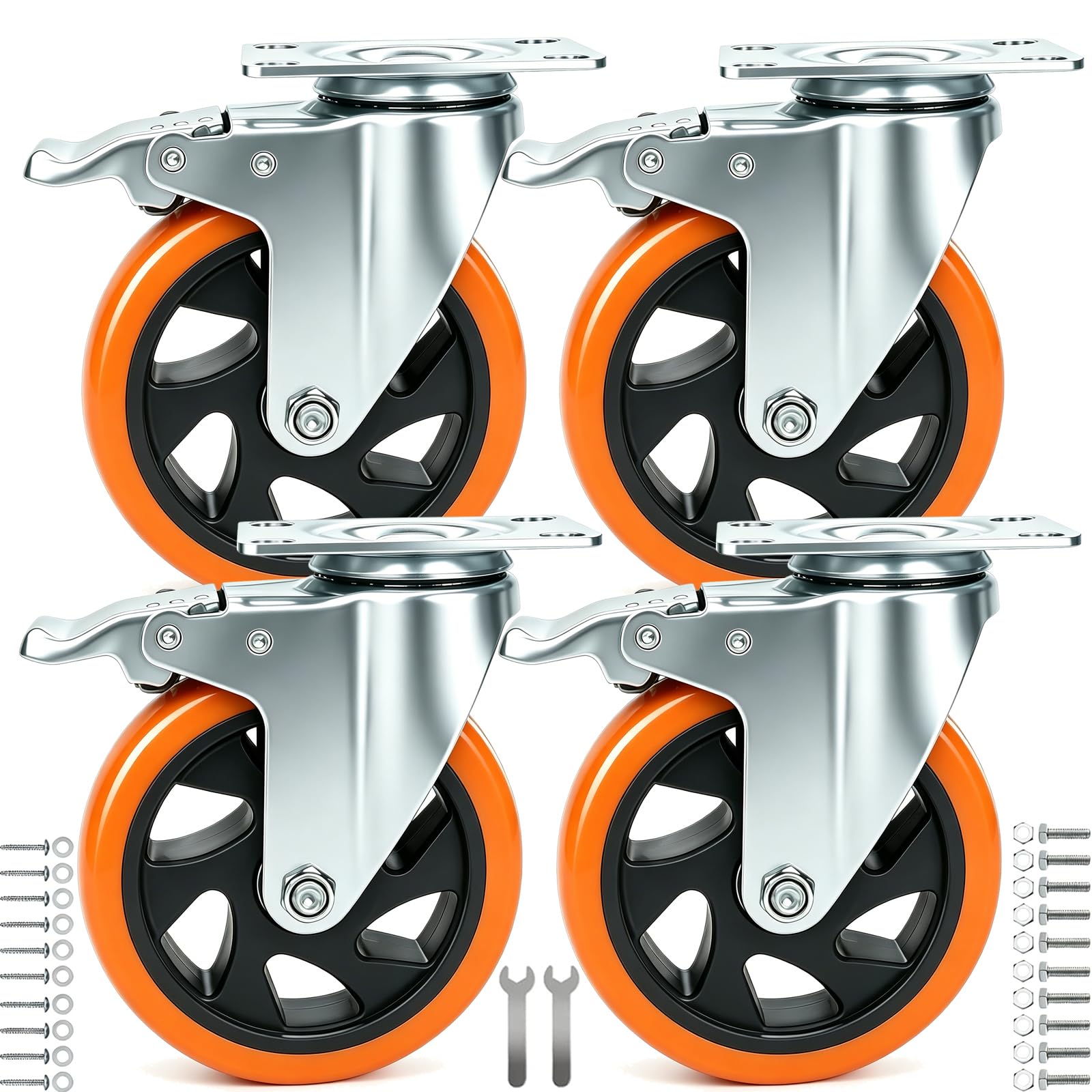 Roulette Pivotante avec Frein 125 mm, 4 Roulettes pour Meubles Roulettes Charge Lourde Roue Plaques Industrielles Transport, Max 800KG (32 Vis Incluses)