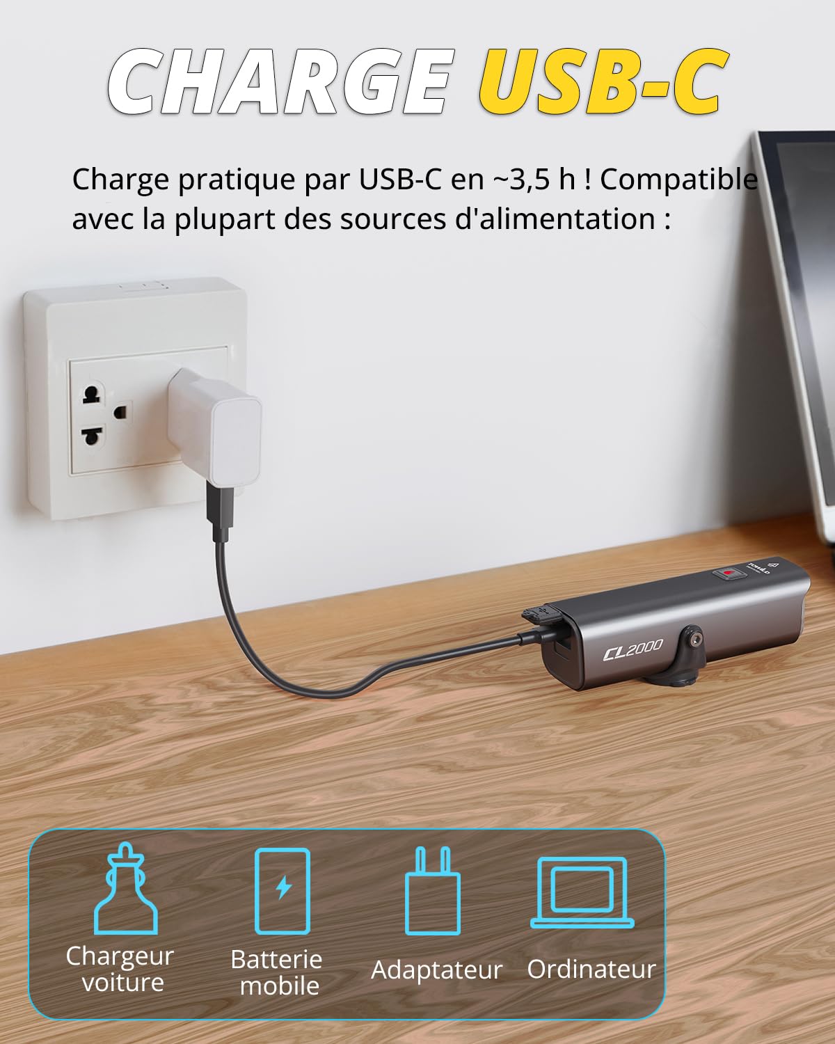 TOWILD CL2000 Éclairage Professionnel 2000 Lumens pour Vélo, Lampe LED Rechargeable USB-C 5000mAh Éclairage Super Lumineux Anti-éblouissement pour vélos de Route/Montagne,Fanal Avant étanche IPX6