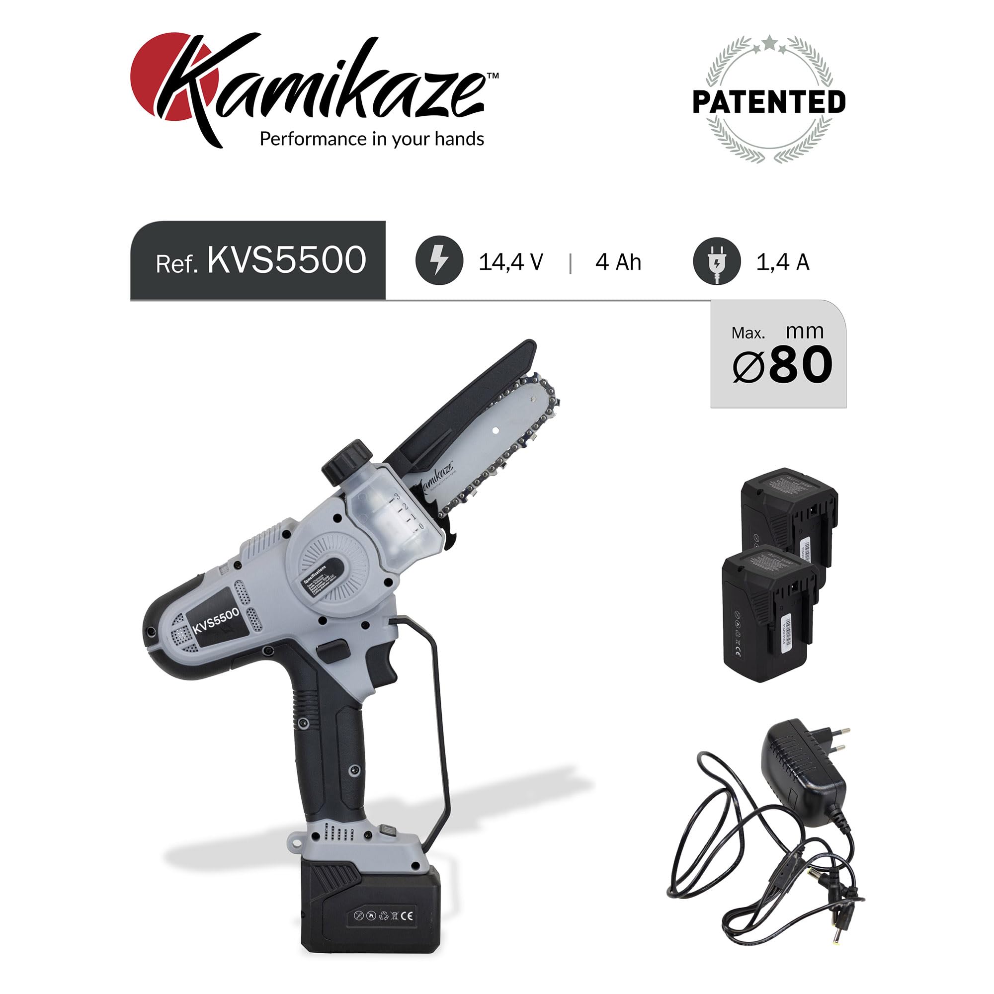 KAMIKAZE KVS5500 Motosierra eléctrica con batería de litio. 14,4V. Potencia máxima 650W. Motosierra semi-profesional. 2 Baterías.Mini motosierra bateria.Poda ligera Portatil
