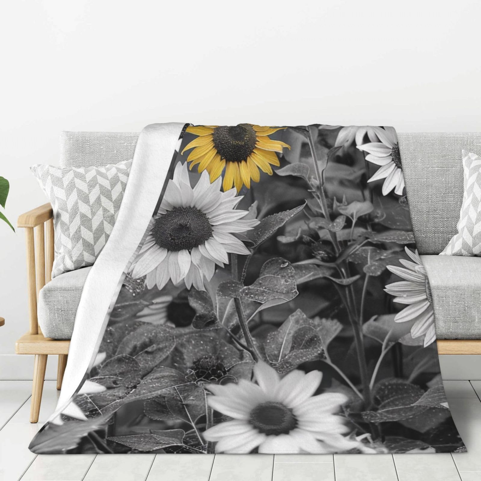 Couverture flanelle épaisse et chaude motif tournesol noir et blanc jeté de lit doux