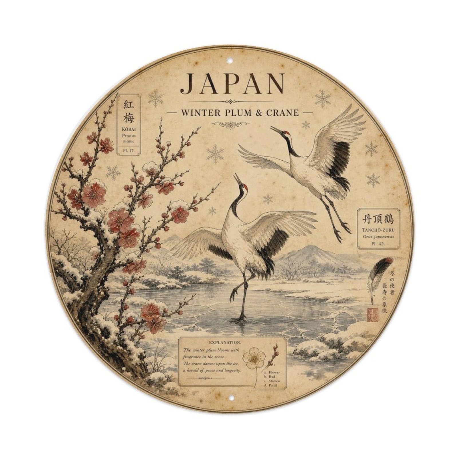 Olyhtr 8X8inch Classic Style Meiji Japan Plum Crane Snow Ceramic Folk Pattern Metal Tin Sign