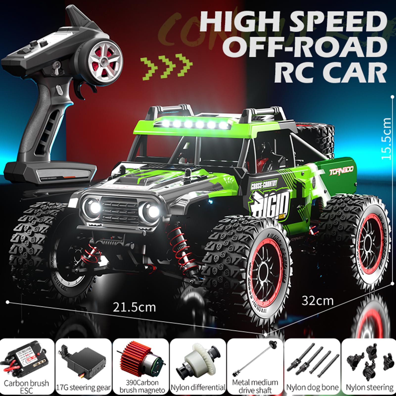 Auto radiocomandata in scala 1:14 Fast 60 KMH 4X4 RC camion per adulti ragazzi 2.4 GHz tutti i terreni RC Dune Buggy fuoristrada RC Monster Truck breve corso auto con 2 batterie (verde)