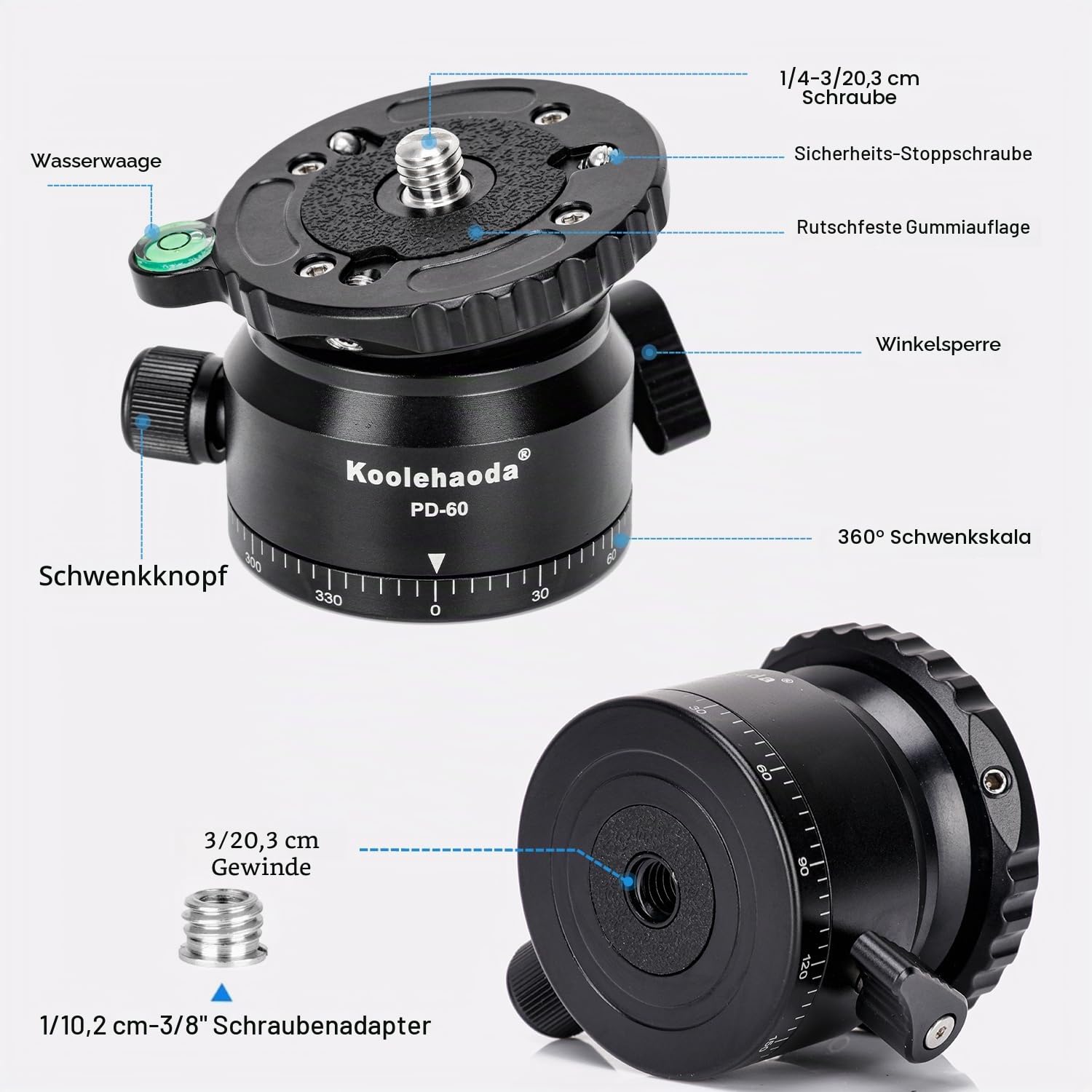 Koolehaoda PD-60 Stativ Nivellierbasis Leveling Base mit 3/8" Gewinde und 360° Panorama-Basis, +/- 15 Grad Präzisionseinstellung für Videokopf, Stative und Einbeinstativ
