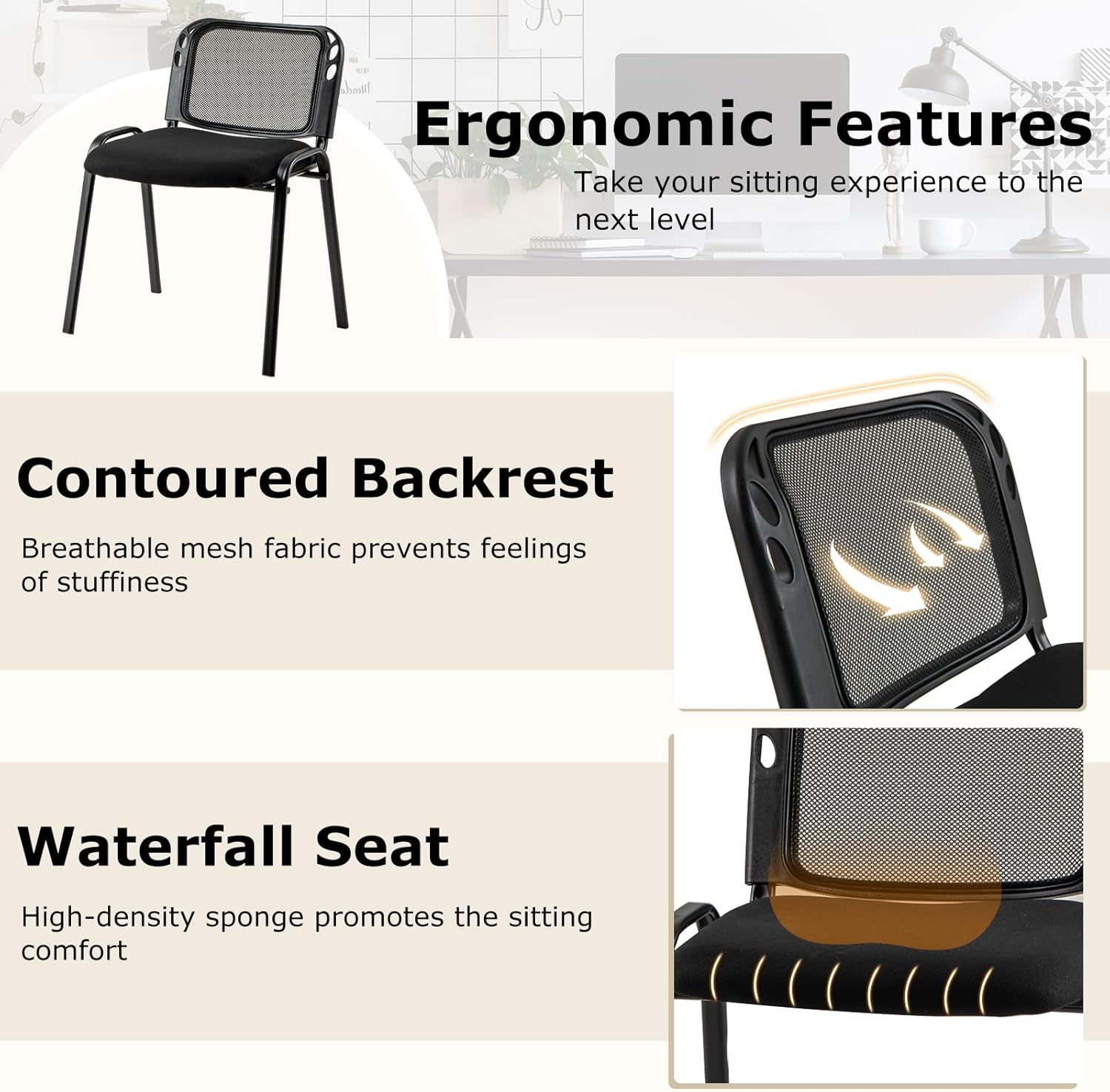 Tangkula Set of 5 Waiting Room Chairs, Stackable Reception Guest with Mesh Backrest, Waterfall Seat, Metal Frame & Carrying Handles, Office Desk Meeting Room Chairs for Lobby, Black