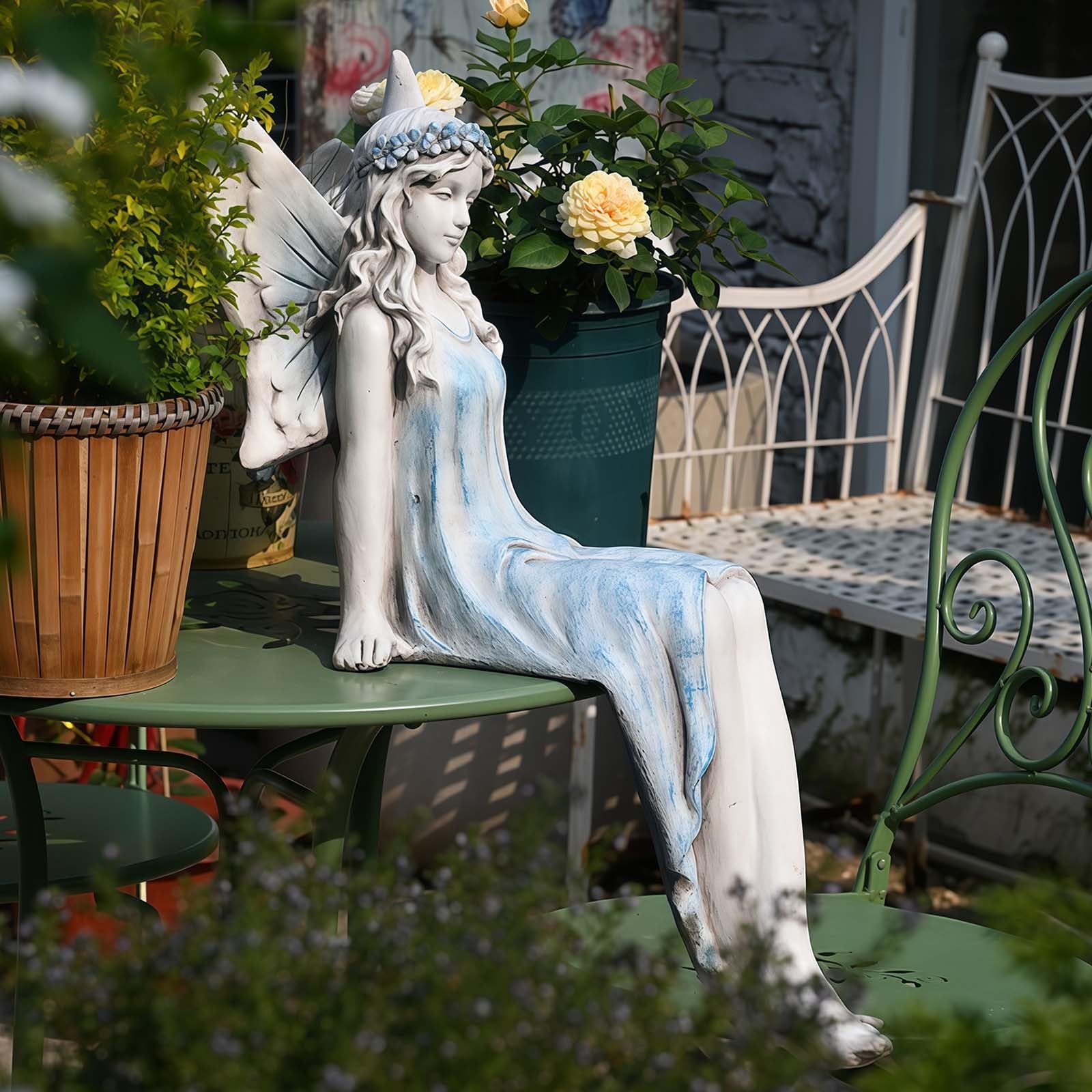 Grande statua da giardino delle fate, 62 cm, statua di fata seduta per esterni, in resina, scultura in resina per patio, cortile, portico, decorazione per la casa