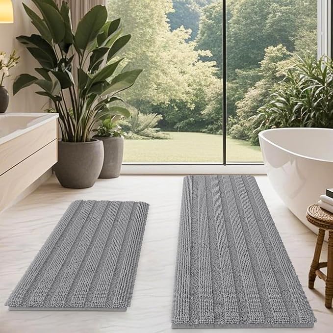 ACCUMTEK Striped Bathroom Rug Set 3 Pieces Chenille Bath Mats for Bathroom Bedroom Kitchen
