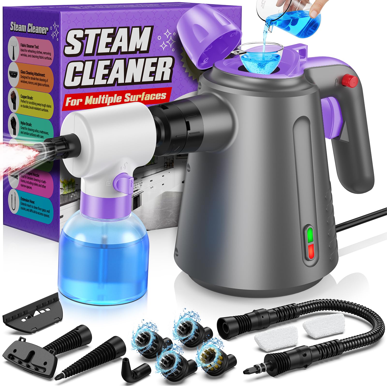 Steam Cleaner for Home, Pressurized Handheld Steamer for Cleaning Upholstery Bed Furniture Couch Carpet Car with 14 Multi Purpose Accessories &amp; Safety Lock, Small Container for Grease