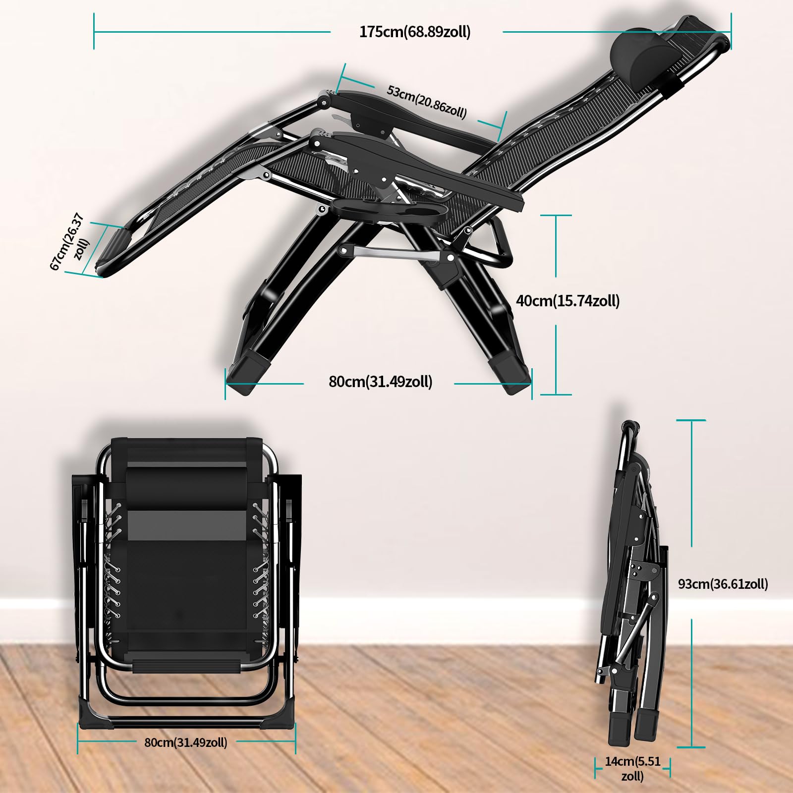 Fiutazge Ergonomiczny leżak do opalania, 72 cm, regulowane oparcie, leżak ogrodowy z poduszką, uchwyt na napoje, zagłówek, podnóżek, leżak do patio, ogrodu, na plażę, do basenu, czarny