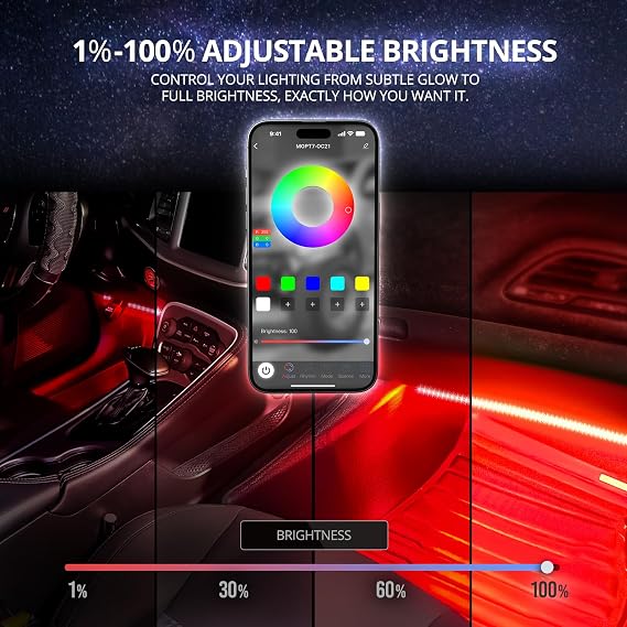 OPT7 Aura Pro Double Glow Interior Sports Car Lights with App & Remote | Ultra Bright Ambient Glow, Multicolor Double LED Strips, Car Meet Decor, 12V JDM Accessories, Music Sync Lighting, 4PC Kit