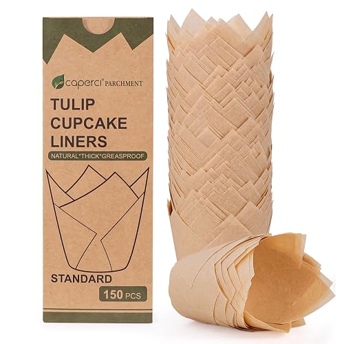 Caperci 150pcs Natural Tulip Cupcake Liners Unbleached European Parchment Paper Baking Cups Muffin Liners