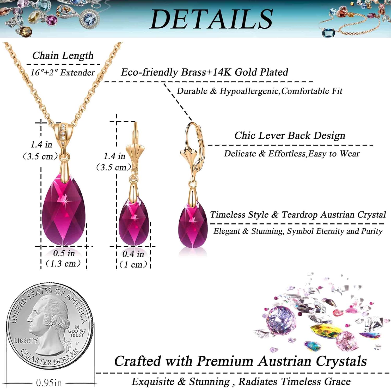 EVEVIC Austrian Crystals Teardrop Pendant Necklace Earrings for Women 14K Gold Plated Hypoallergenic Leverback Drop Dangle Earrings Jewelry Set - Image 4
