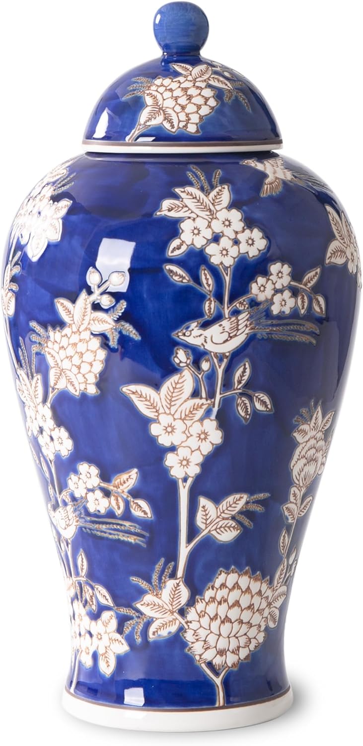 Ceramic Decorative Jars with Lid, Chinoiserie Ginger Jar for Home Decor, Vase Decor, Flowers and Birds Blue