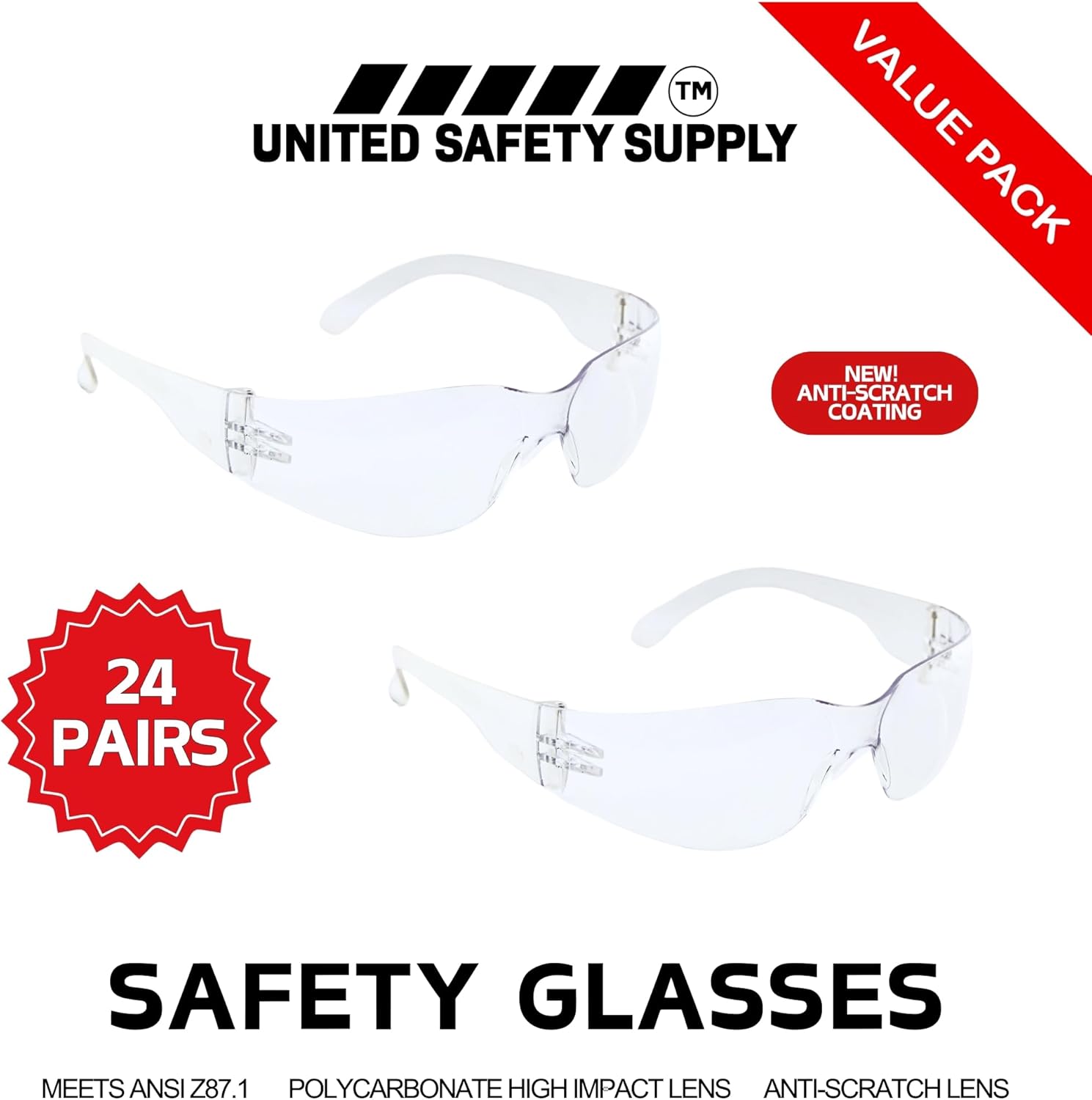 Clear Safety Glasses - Bulk 24 Pack - ANSI Z87.1 Impact Resistant Polycarbonate Lens - Protective Wrap Around Eyewear
