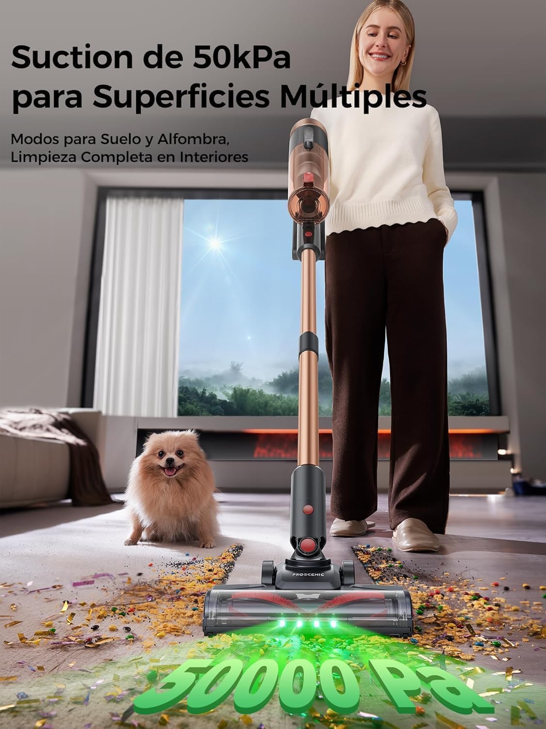 Proscenic P11 Ultra Aspiradora sin Cable 50KPa/500W/50Min, Ligera y Autoportante, Aspiradora Escoba Vertical Potente con Luz Verde, Cepillo Antienredo y Pantalla LED, Alfombras/Suelos/Pelo de Mascotas