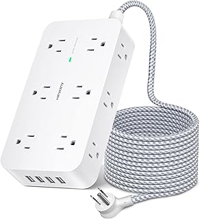 Power Bar Surge Protector- 12 Wide Outlets Power Strip with 4 USB Ports, 5Ft Braided Extension Cord Flat Plug, Overload Surge Protection, Wall Mount, Desk Charging Station for Office Home ETL Listed
