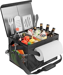 FANGSUN Black Grill Caddy, BBQ Organizer with Lid & Paper Towel Holder, Picnic Griddle Caddy for Outdoor Camping, Barbecue Accessories Organizer, 32L, Black