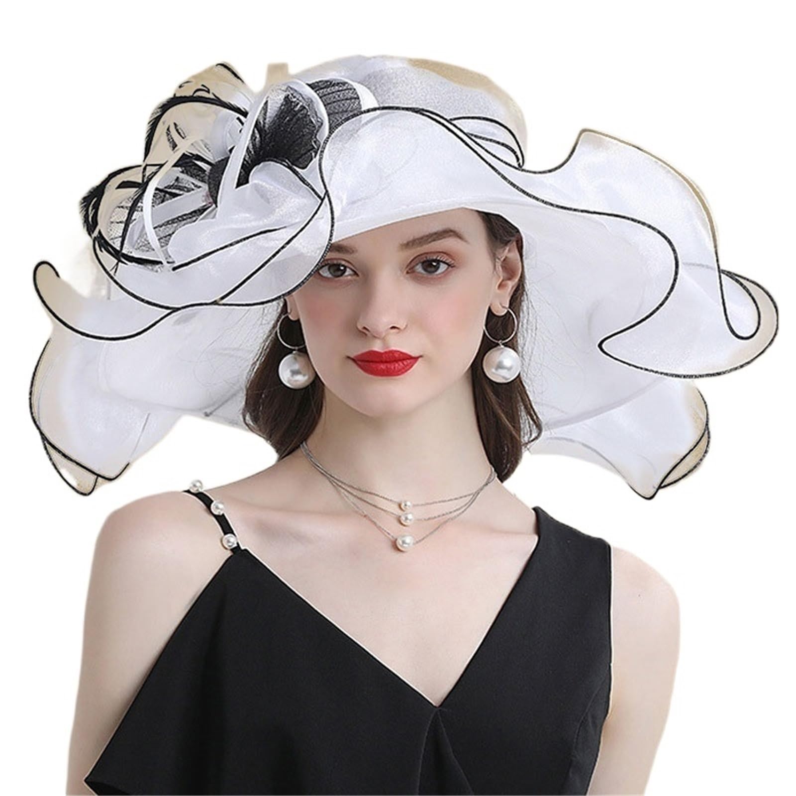 Cappelli da Fascinator a Tesa Larga Grande for Donna, Cappello Fedora in Organza, Fiore Bianco, Sole, Matrimonio, Tea Party, Chiesa