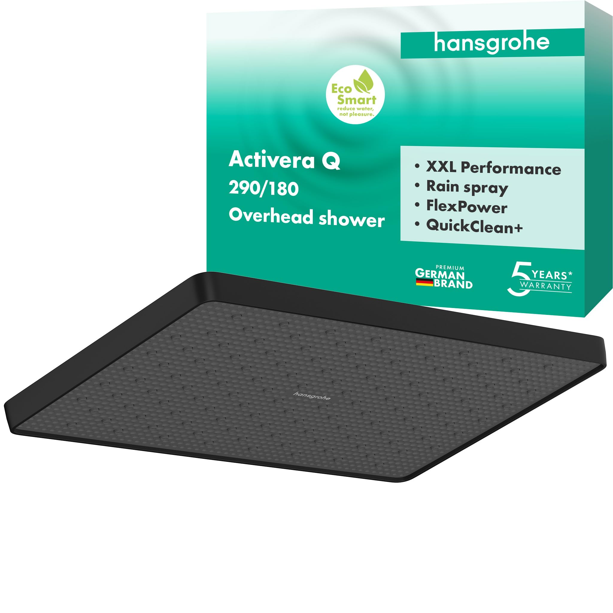 hansgrohe Activera Q - Soffione doccia a risparmio idrico (EcoSmart), Doccia a pioggia quadrato (290 x 180 mm) con 1 getto per montaggio a parete/soffitto, nero opaco, 28738670