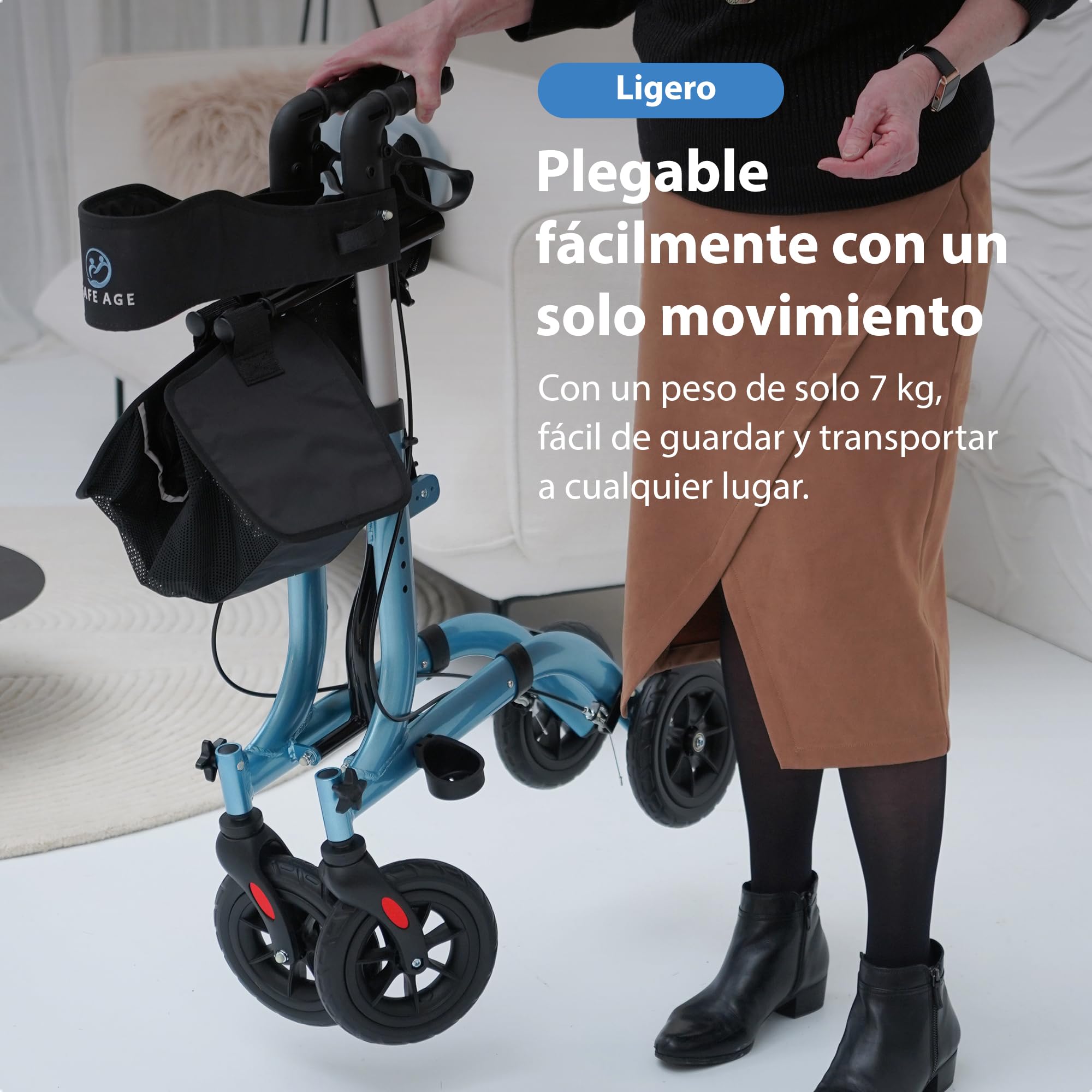 Safe Age Andador para Ancianos con Ruedas - Ligero y Plegable con Asiento para Interior y Exterior - con Respaldo y Soporte para Bastón