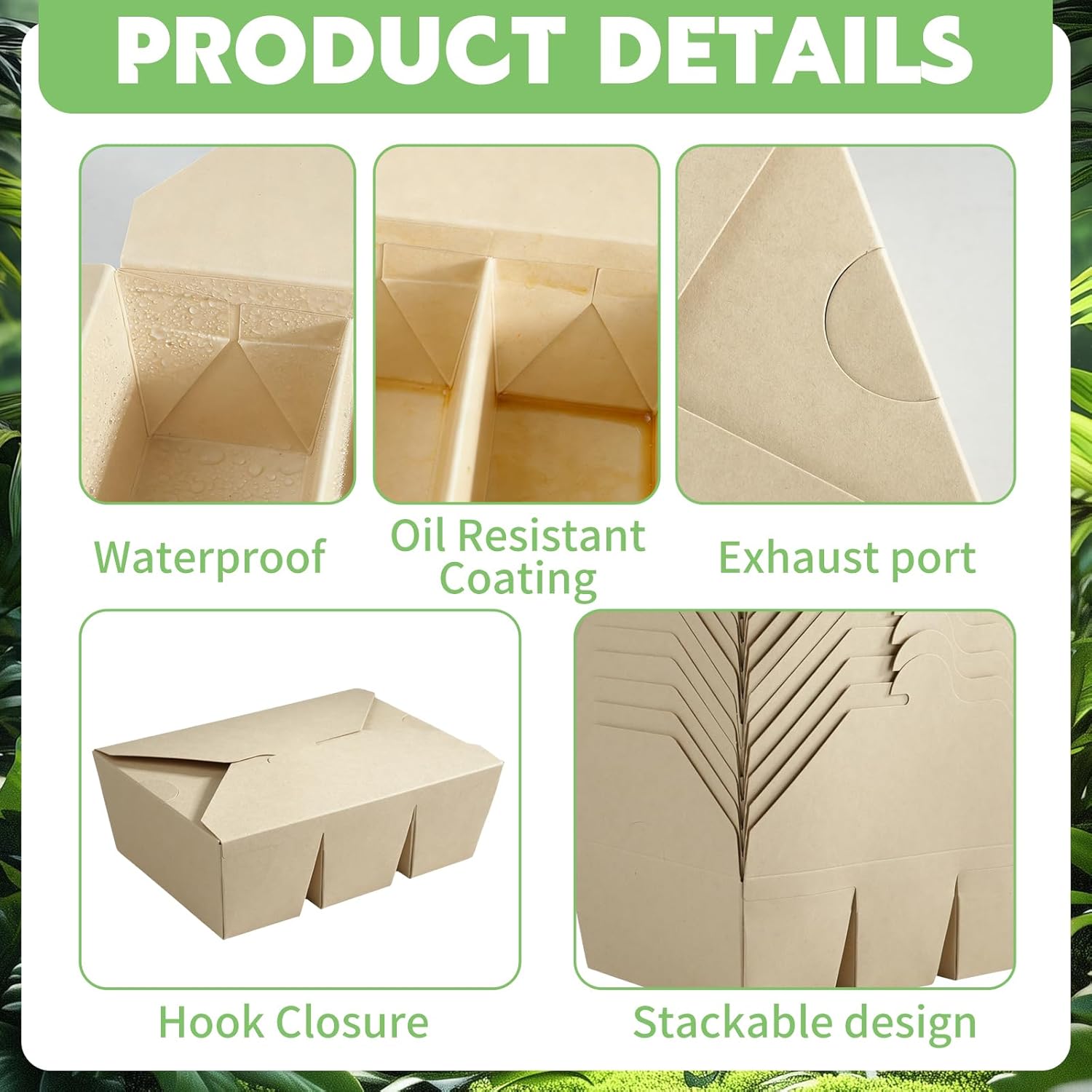 30 Pack 50 oz Take Out Food Containers, 3-Compartment Take Out Boxes, Microwavable Bamboo Pulp Paper To Go Containers, Leak and Grease Resistant for Restaurants, Picnics, Offices and Catering