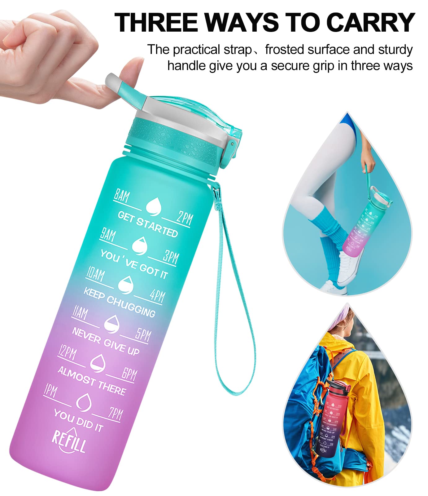 ELYPHINE Borraccia1L, Borraccia Sportiva con Cannuccia Borraccia Motivante Senza BPA con Timestamp Brocca D'acqua in Tritan a Prova di Perdite per Bicicletta, Campeggio, Sport all'aria Aperta